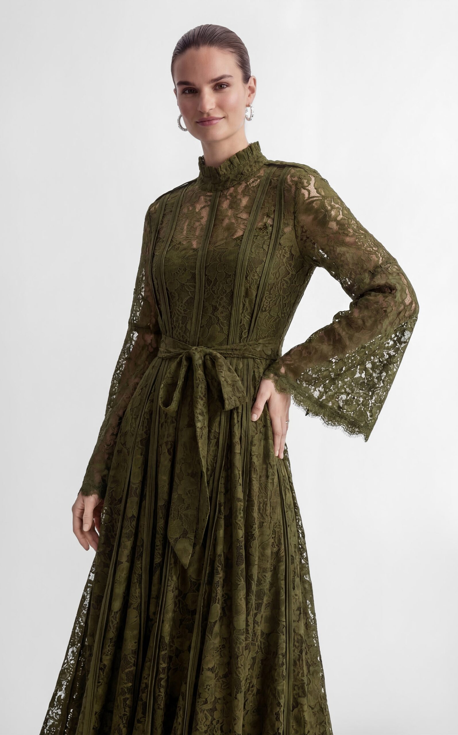Olive Green Floral Lace High Neck Bell Sleeve Self-Tie Waist Maxi Dress - OWNCI
