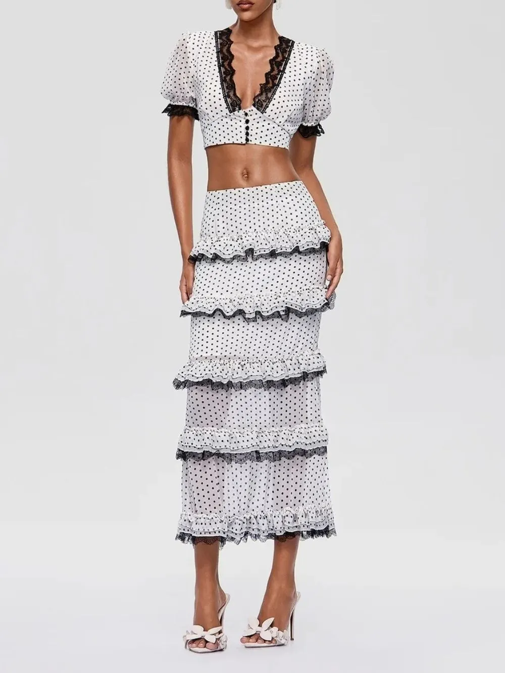 Franny V Neck Lace Ruffle Dot Skirt Set - OWNCI Franny V Neck Lace Ruffle Dot Skirt Set - OWNCI