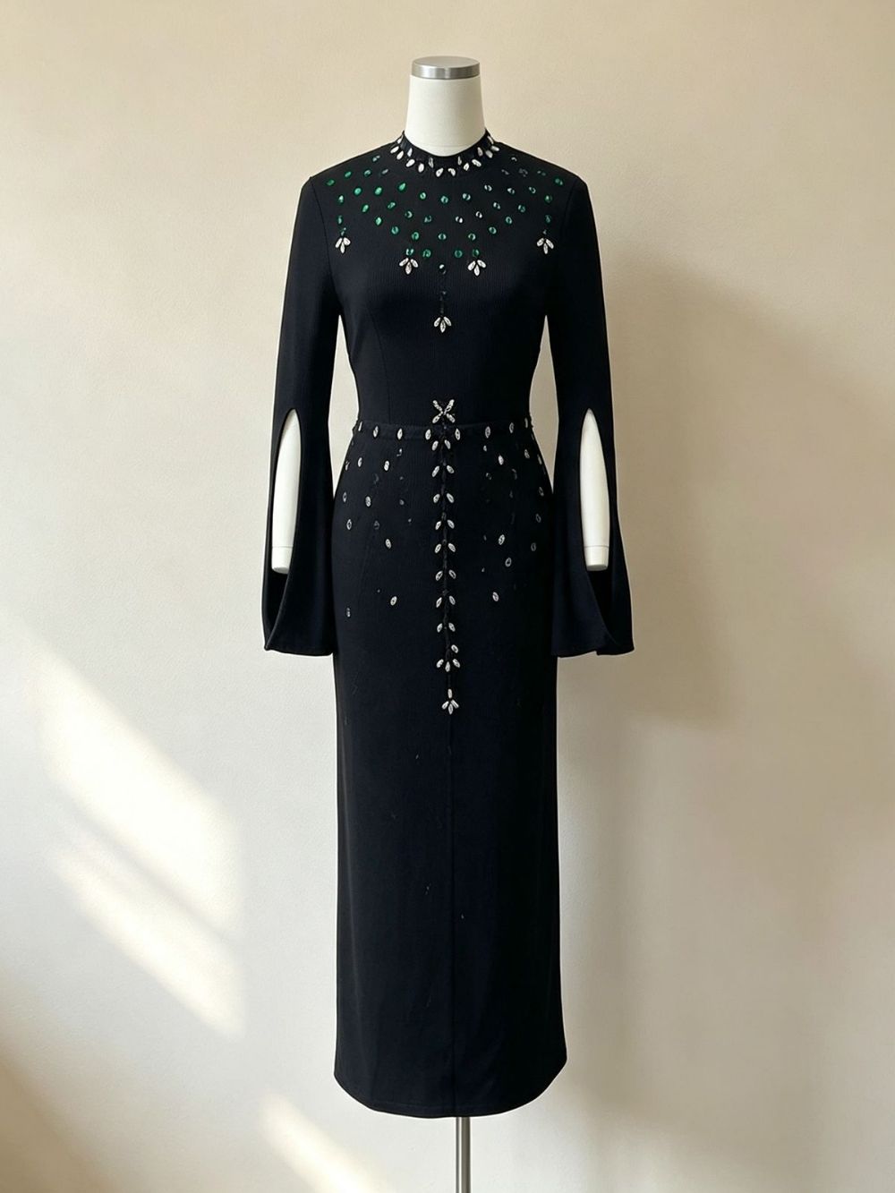 Masashi Black Diamante Long Sleeve Bandage Maxi Dress - OWNCI
