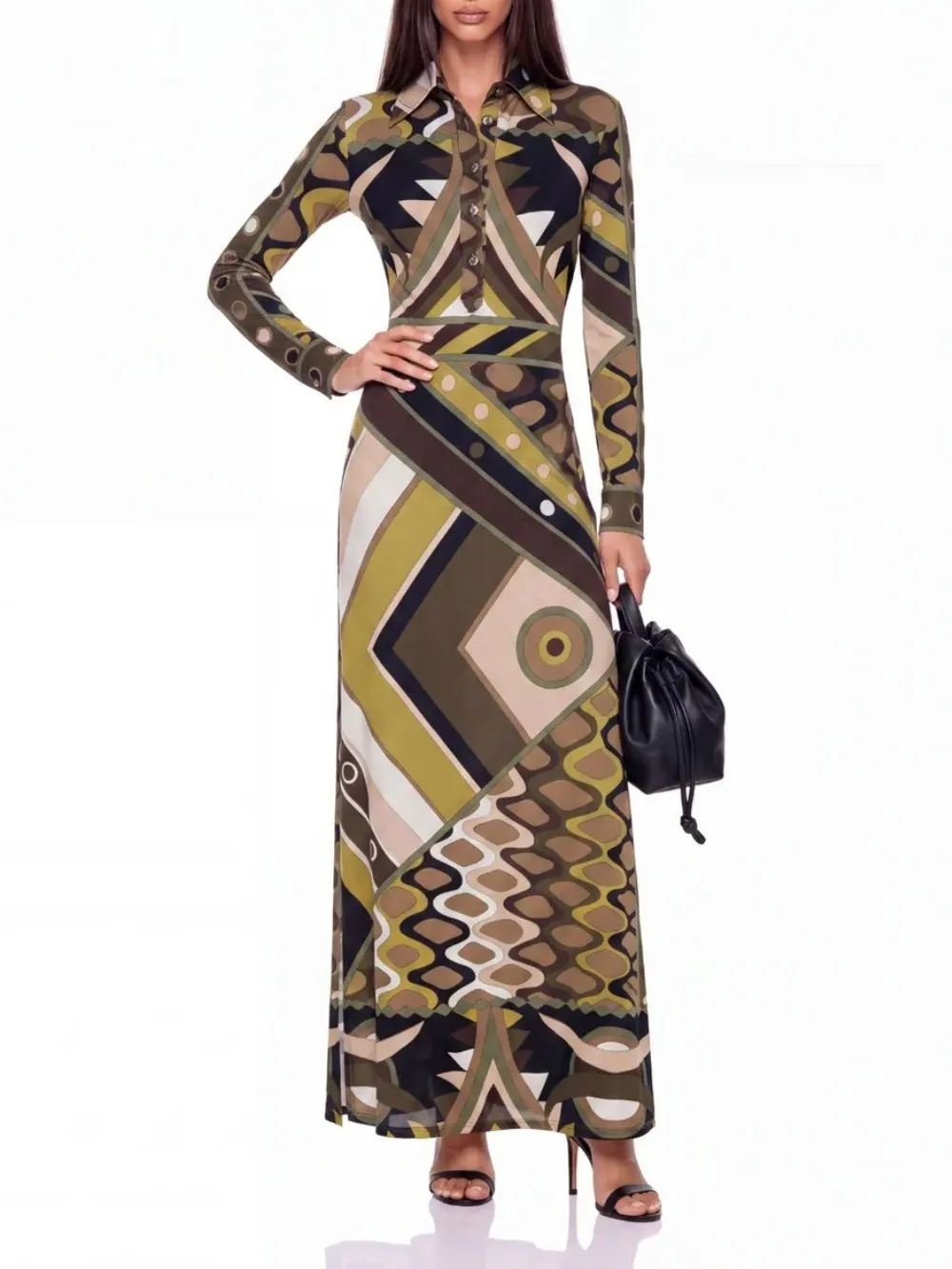 Hylora Folded Collar Geo Printed Maxi Dress - OWNCI