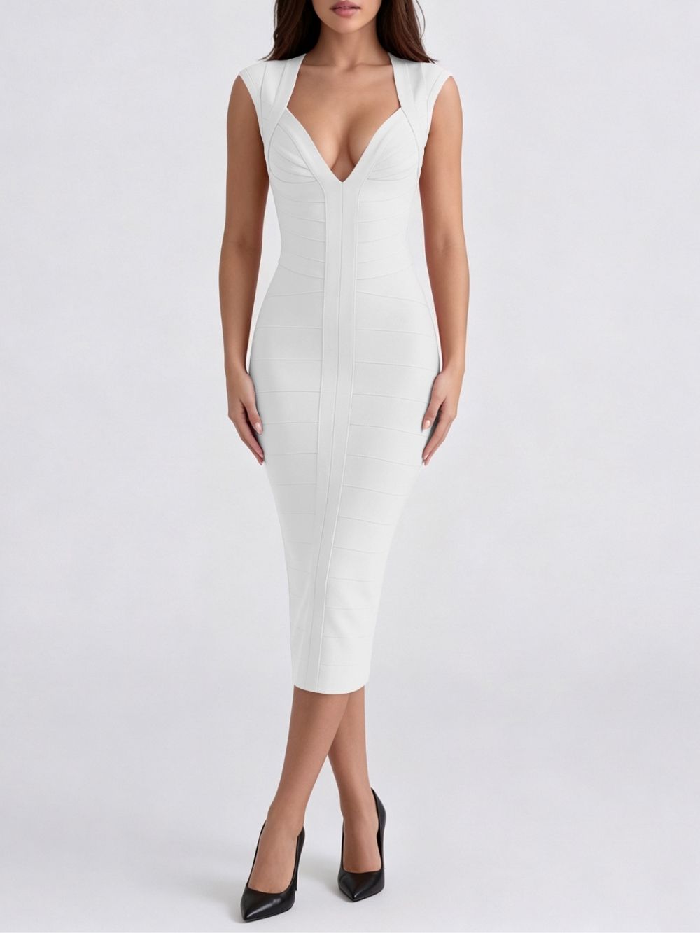 Marixa White V-Neck Bandage Midi Dress - OWNCI Marixa White V-Neck Bandage Midi Dress - OWNCI