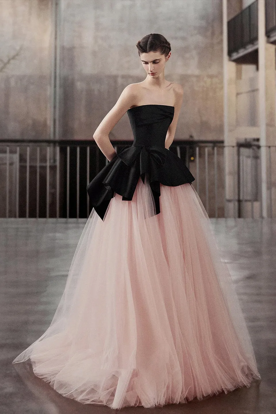 Strapless Satin Big Bow Contrast Pink Tulle Ball Gown - OWNCI