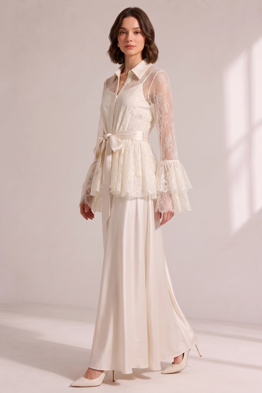 Cream Lace Flare Sleeve Shirt Top Satin Cami Sash Belt Wide Leg Maxi Pants Three-Piece Set - OWNCI