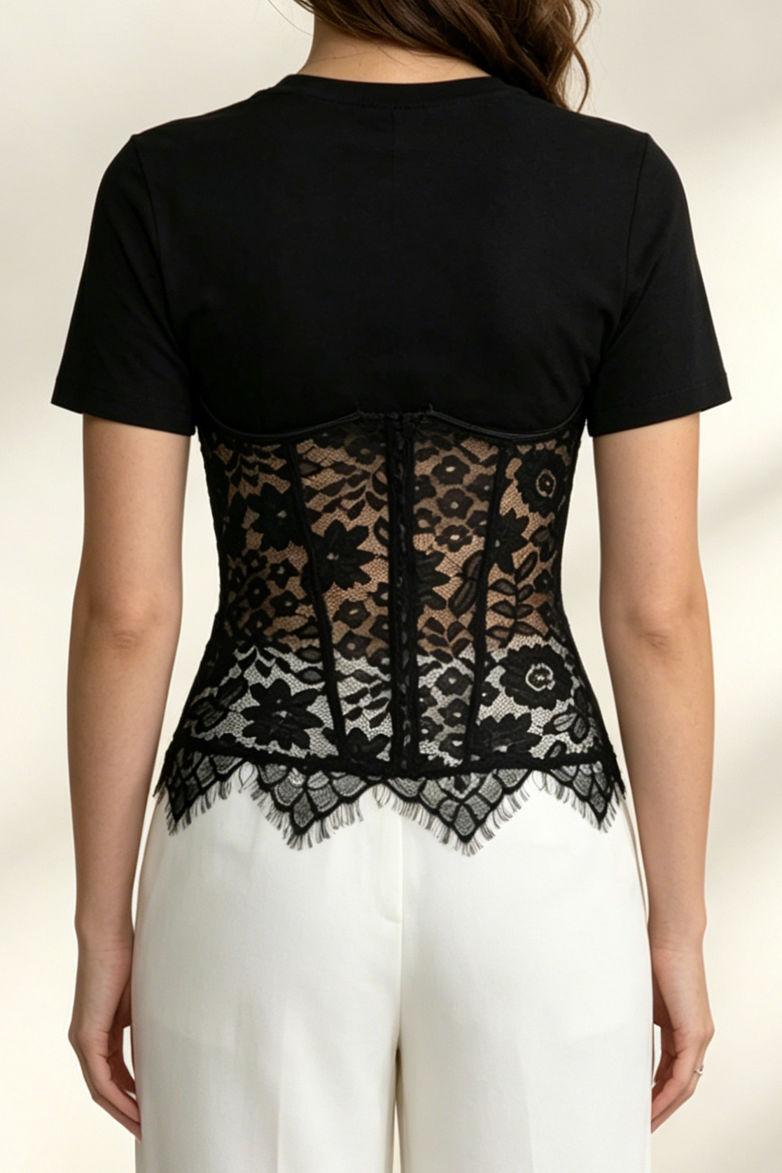 Black Spliced Floral Lace Corset Short Sleeve T-shirt - OWNCI