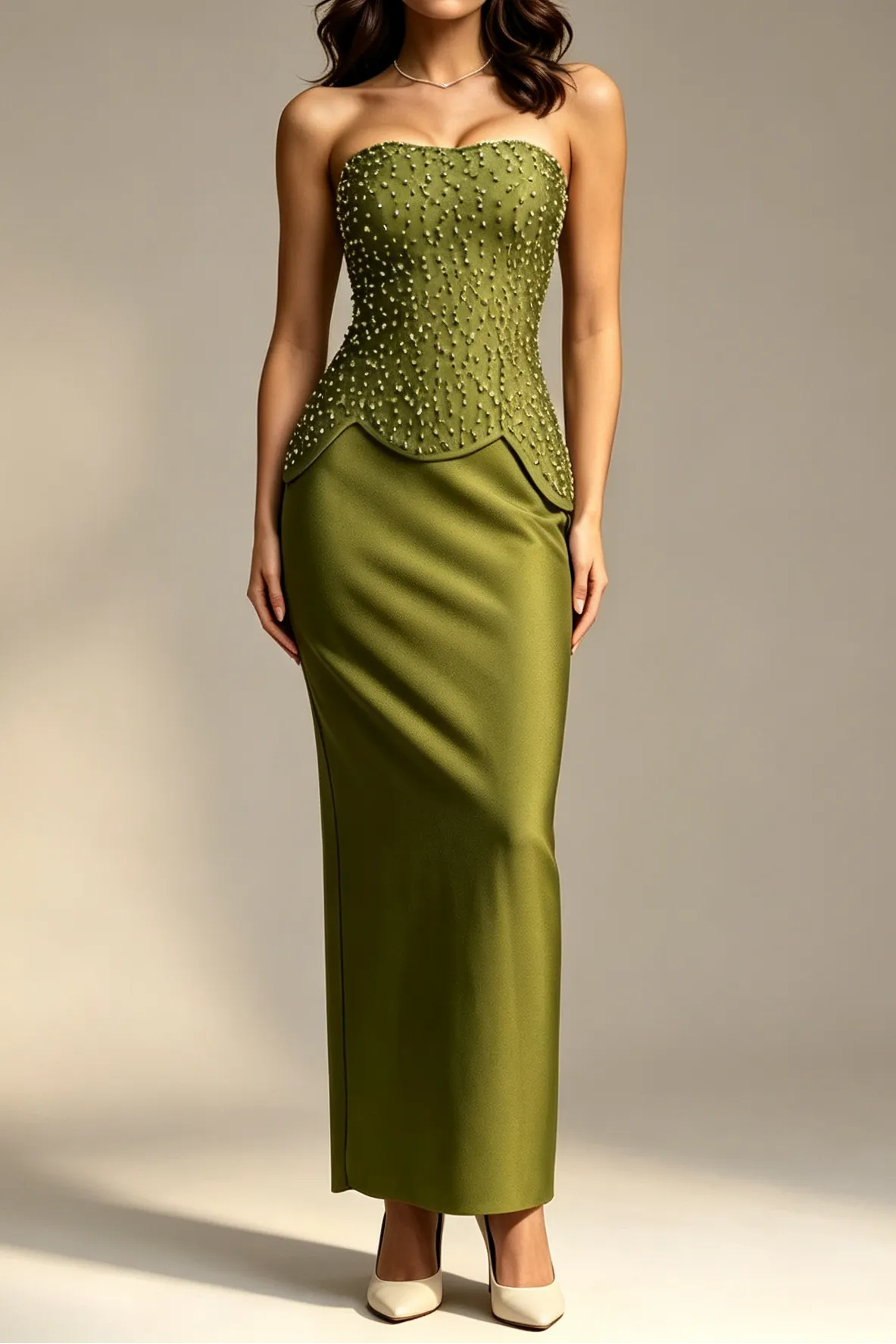 Olive Green Strapless Sweetheart Full Rhinestone Beaded Peplum Waist Mermaid Floor Length Formal Gown - OWNCI Olive Green Strapless Sweetheart Full Rhinestone Beaded Peplum Waist Mermaid Floor Length Formal Gown - OWNCI