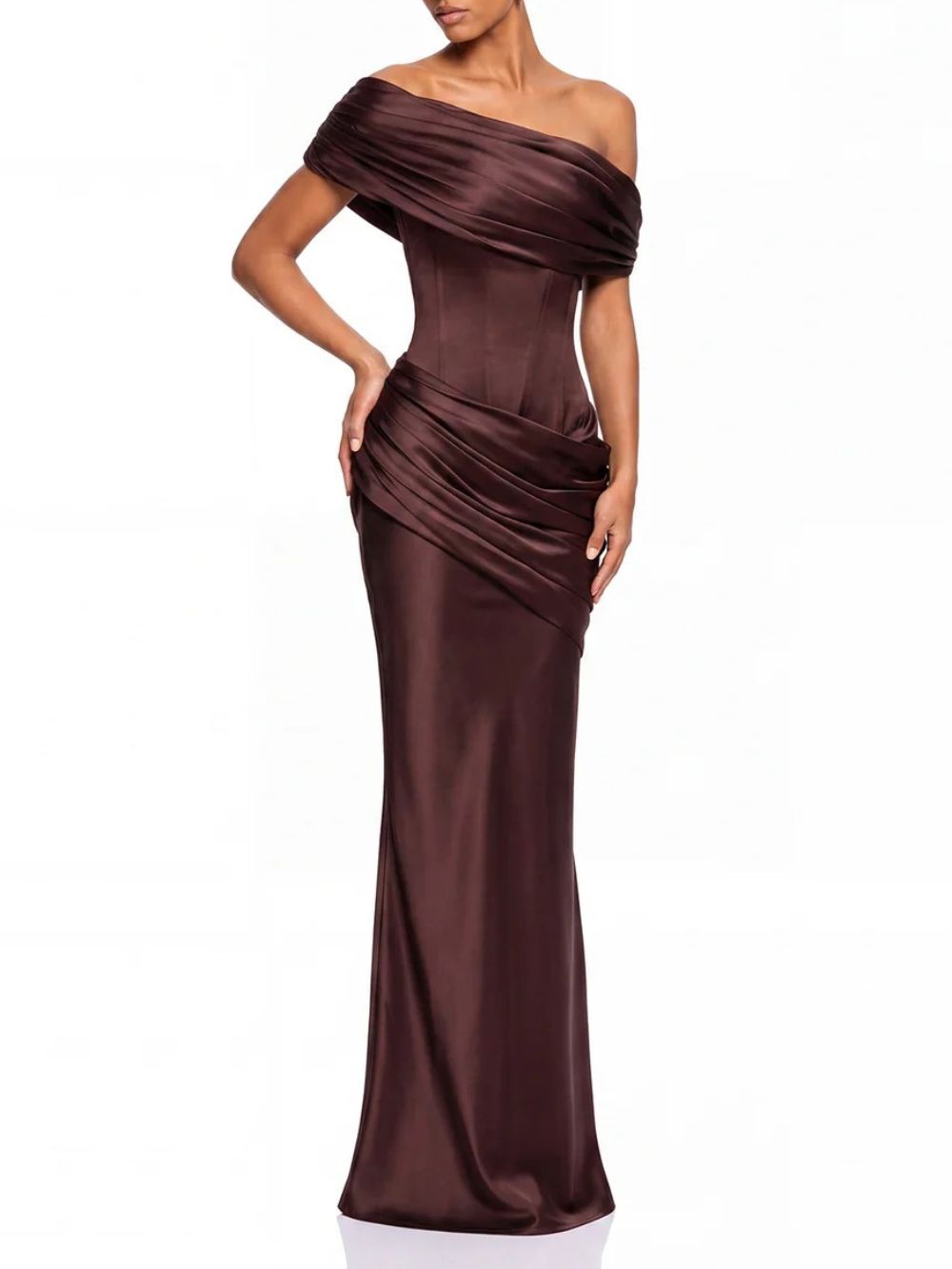 Neravo One Shoulder Satin Ruched Maxi Dress In Brown - OWNCI Neravo One Shoulder Satin Ruched Maxi Dress In Brown - OWNCI