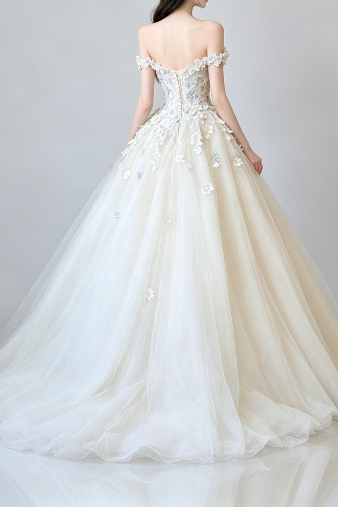 Off Shoulder 3D Floral Tulle Ball Gown Wedding Dress - OWNCI