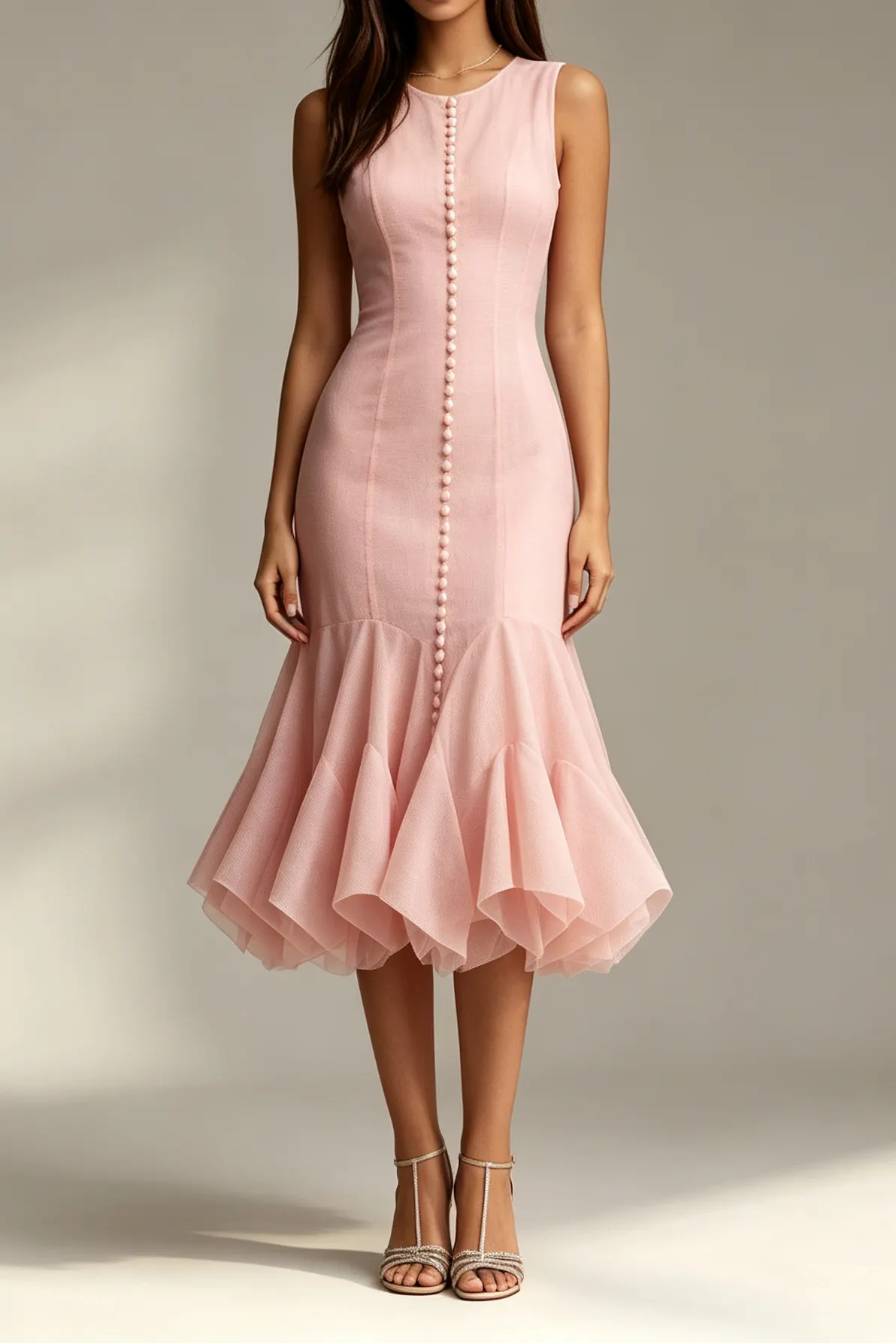 Blush Pink Crew Neck Sleeveless Vertical Button Front Flared Ruffle Hem Midi Dress - OWNCI Blush Pink Crew Neck Sleeveless Vertical Button Front Flared Ruffle Hem Midi Dress - OWNCI