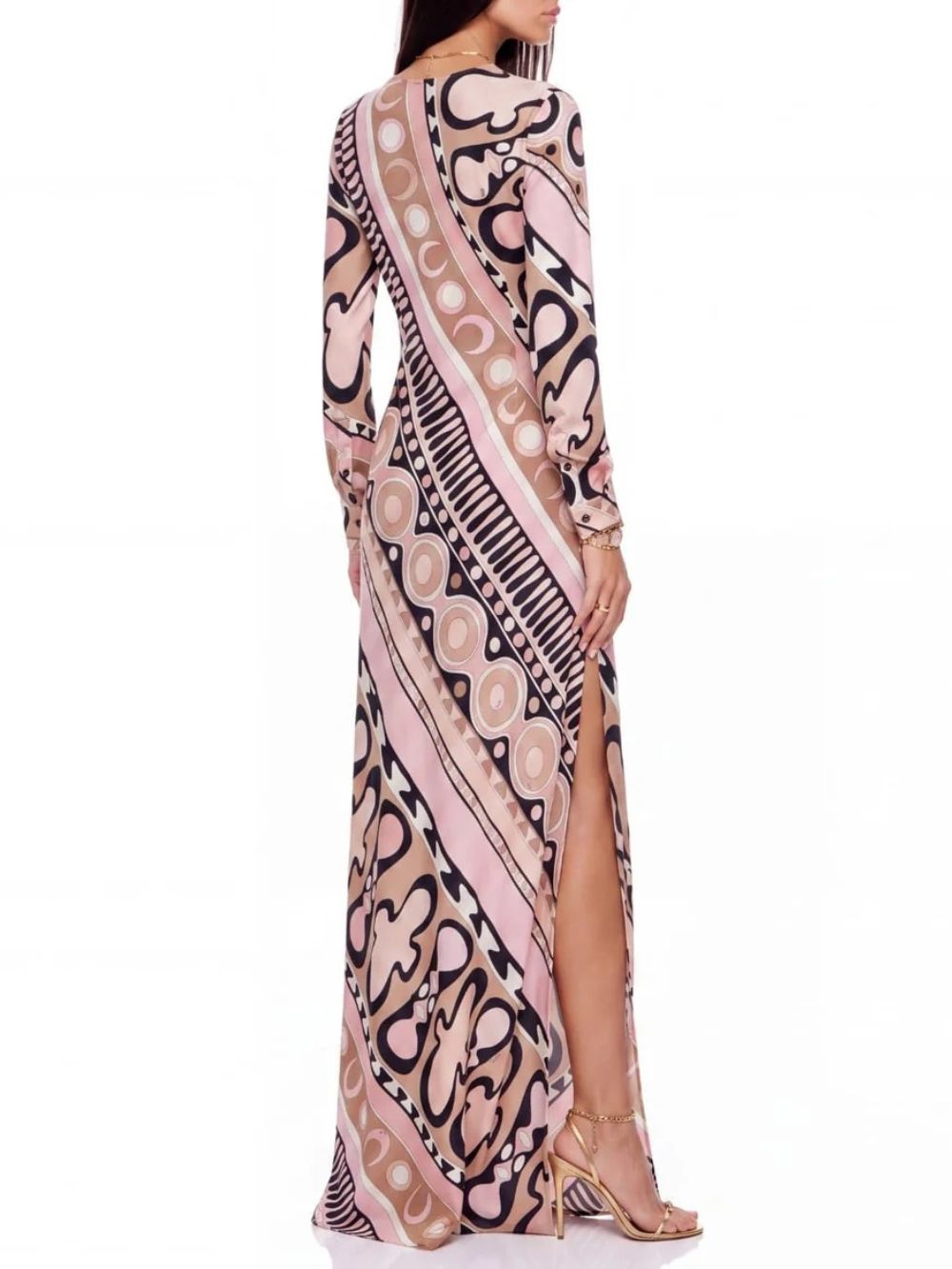 Hylora Long Sleeve Geo Printed Maxi Dress - OWNCI