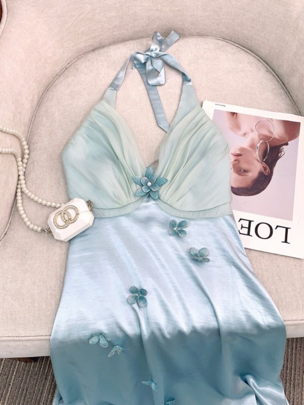 Malone Blue Satin Halter Flower Embellished Maxi Dress - OWNCI Malone Blue Satin Halter Flower Embellished Maxi Dress - OWNCI