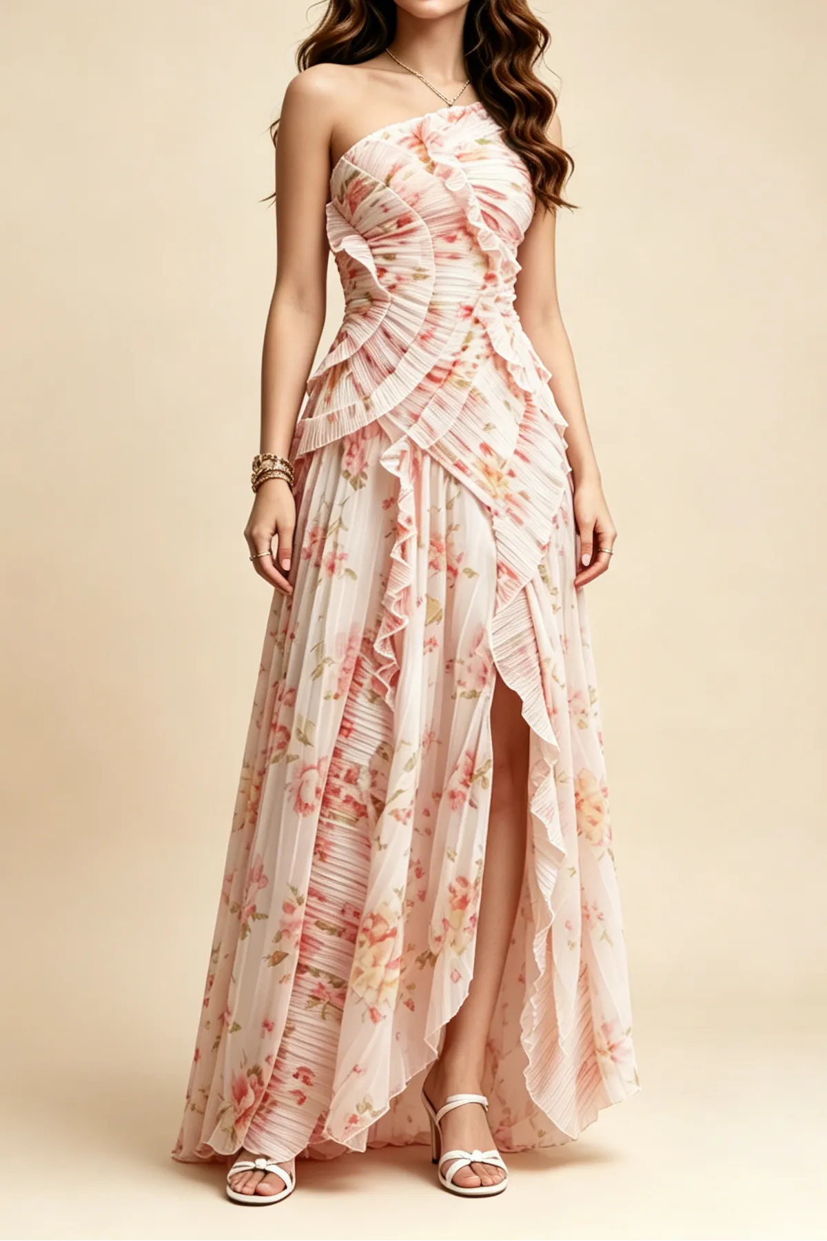 Pastel Pink Floral Pleated Halter Ruffle High Slit Maxi Dress - OWNCI Pastel Pink Floral Pleated Halter Ruffle High Slit Maxi Dress - OWNCI