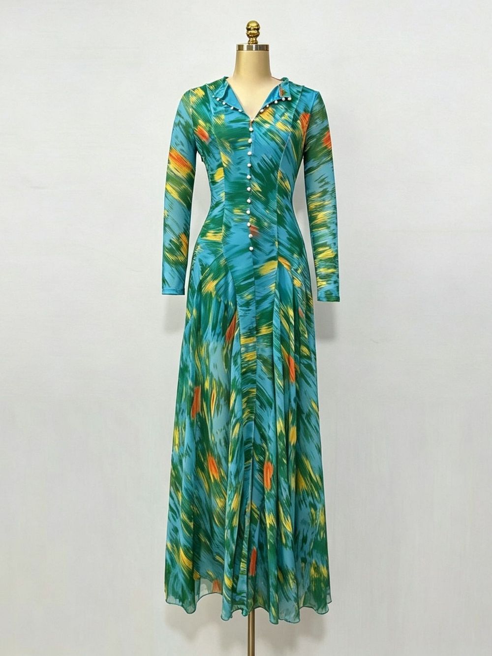 Maribeth Green Long Sleeve Printed Maxi Dress - OWNCI Maribeth Green Long Sleeve Printed Maxi Dress - OWNCI