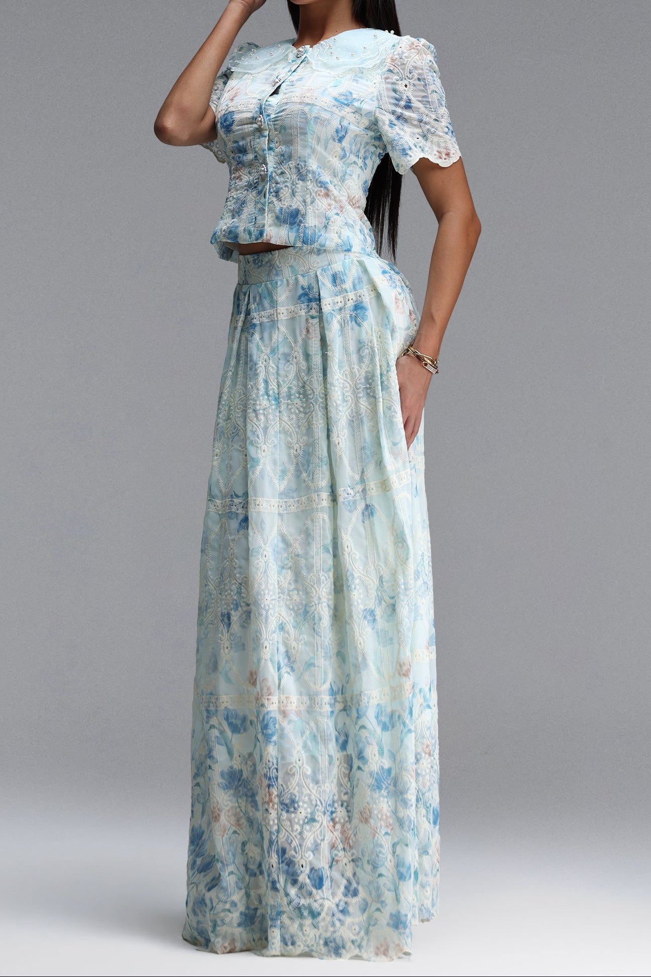 Light Blue Floral Lace Peter Pan Collar Crop Top & Wide Leg Maxi Skirt Two-Piece Set - OWNCI Light Blue Floral Lace Peter Pan Collar Crop Top & Wide Leg Maxi Skirt Two-Piece Set - OWNCI