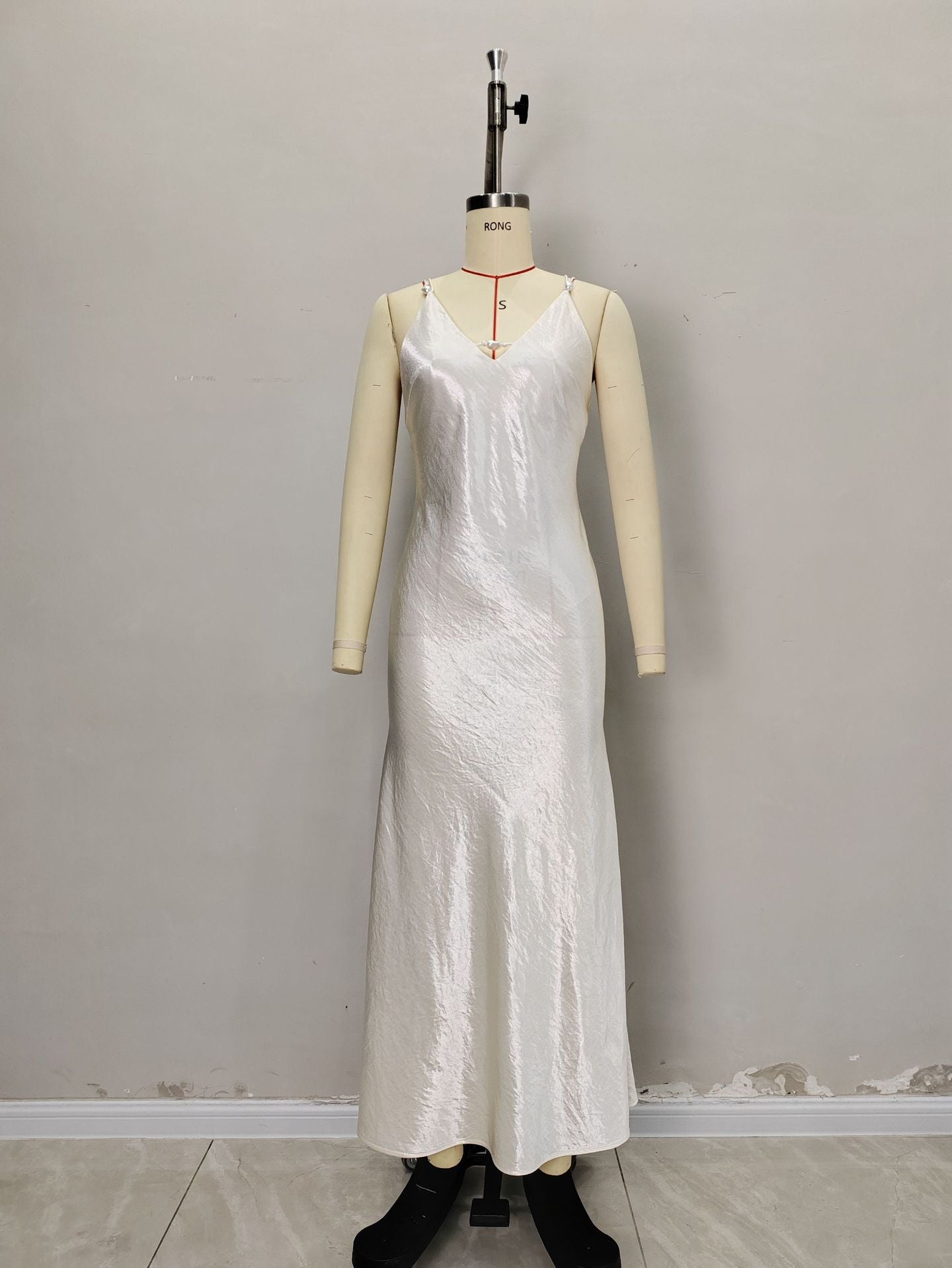 Cream Satin V-Neck Thin Strap Floor-Length Slip Maxi Dress - OWNCI Cream Satin V-Neck Thin Strap Floor-Length Slip Maxi Dress - OWNCI