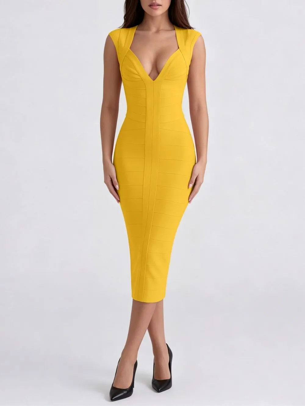 Marixa Yellow V-Neck Bandage Midi Dress - OWNCI Marixa Yellow V-Neck Bandage Midi Dress - OWNCI