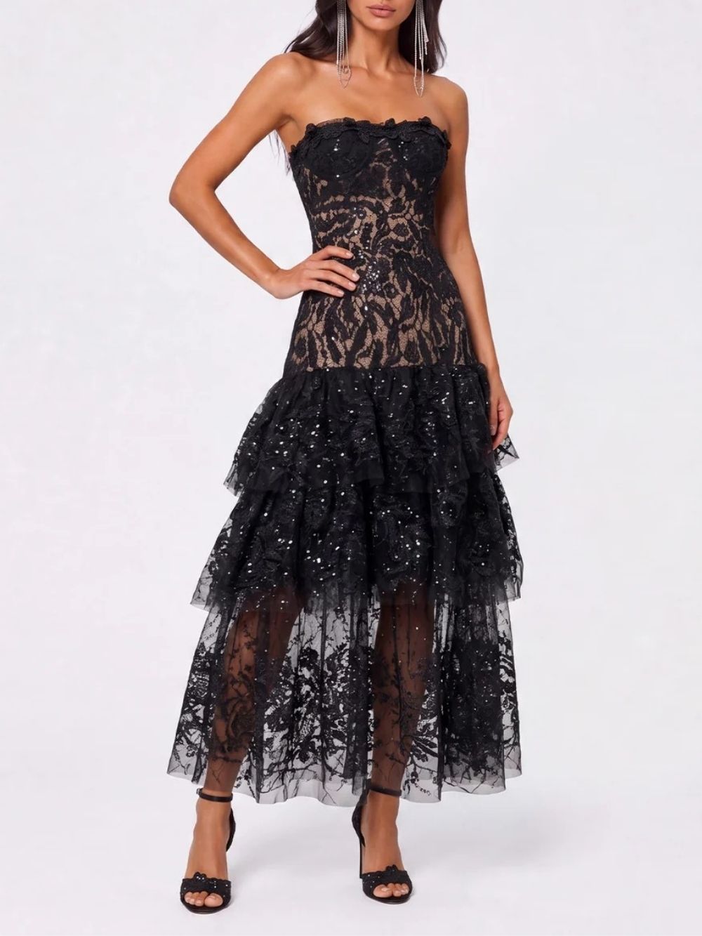 Brinovar Strapless Lace Tiered Maxi Dress - OWNCI Brinovar Strapless Lace Tiered Maxi Dress - OWNCI