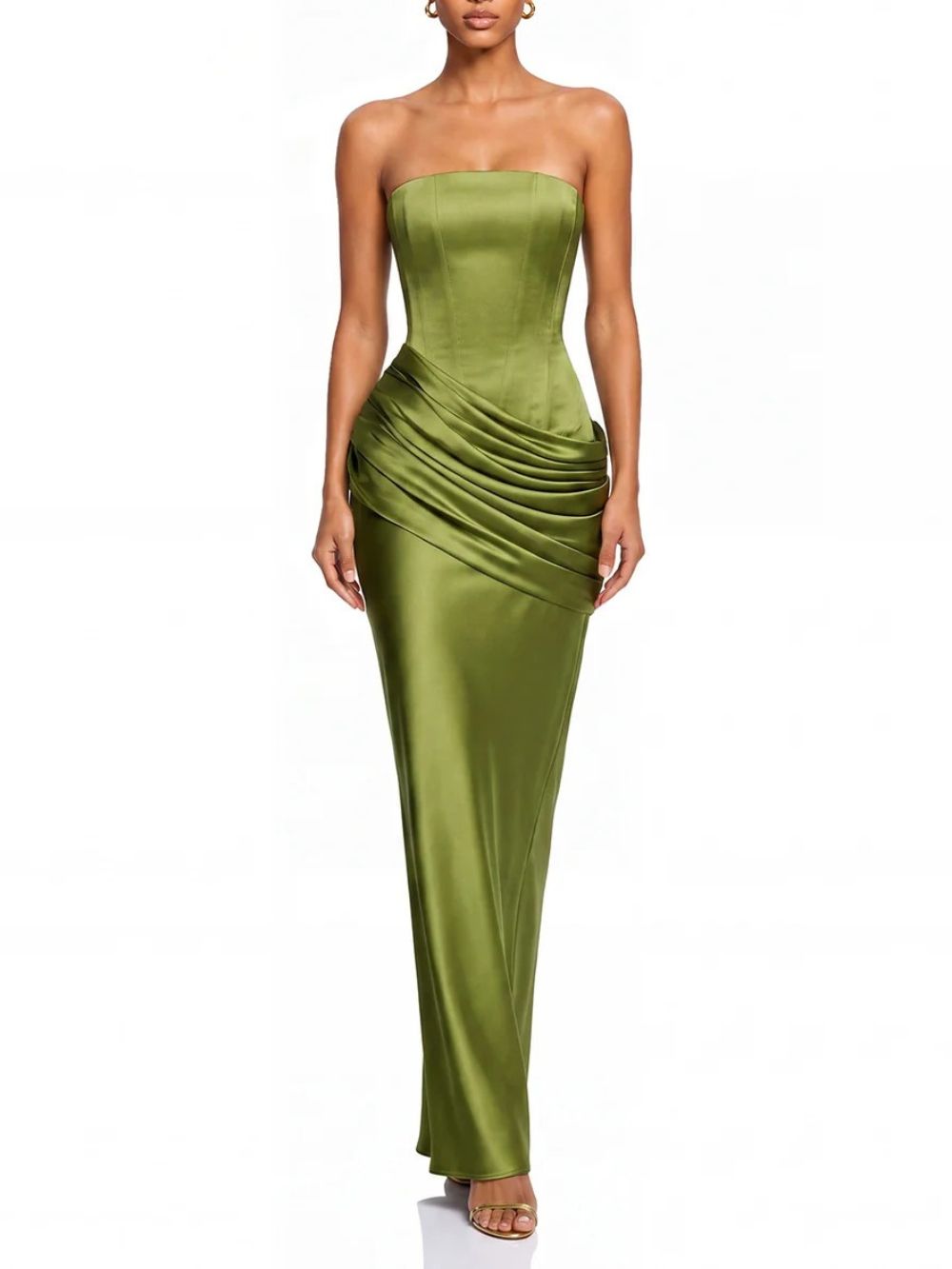 Neravo One Shoulder Satin Ruched Maxi Dress In Oliver - OWNCI Neravo One Shoulder Satin Ruched Maxi Dress In Oliver - OWNCI