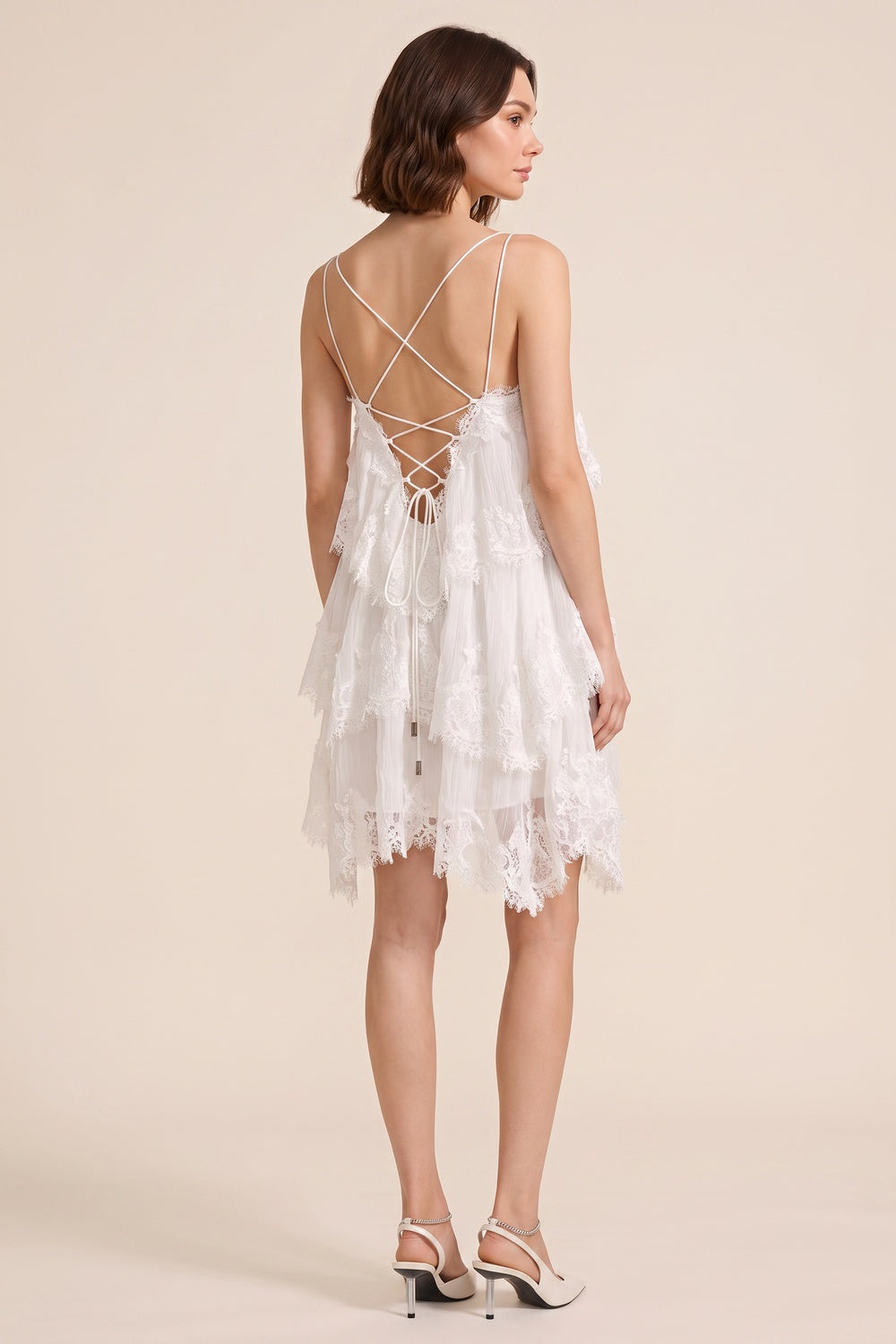 White Spaghetti Strap Multi-Tier Fringe Lace Asymmetric Mini Dress - OWNCI