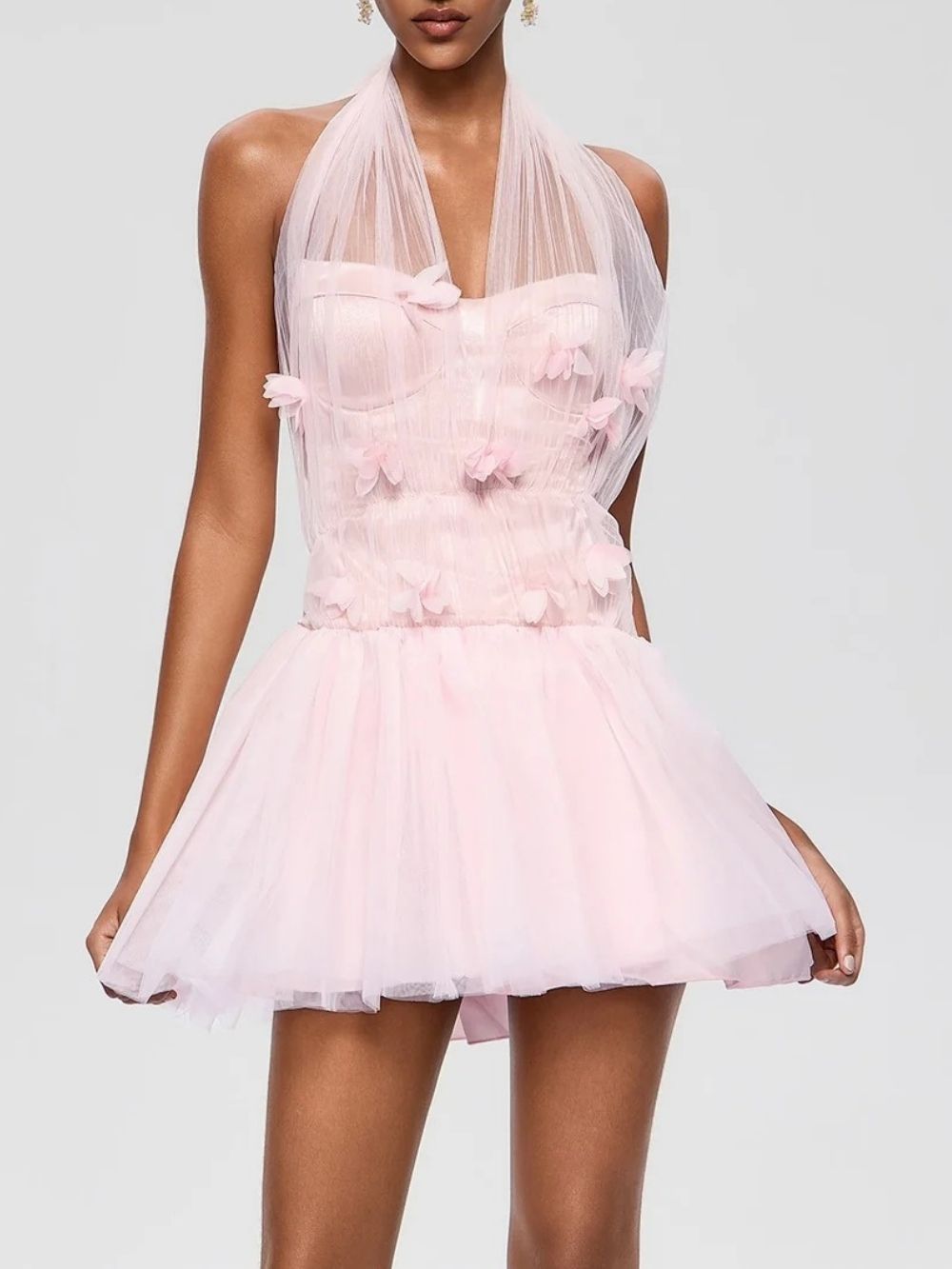 15f5fe6e780f2c5711d4345b8e276390 Nuvarek Halterneck Flower Tulle Mini Dress