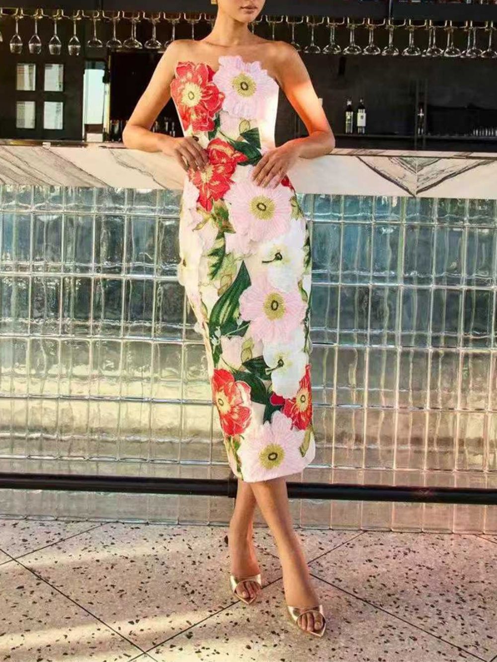Masaye Strapless Flower Embroidery Midi Dress - OWNCI Masaye Strapless Flower Embroidery Midi Dress - OWNCI