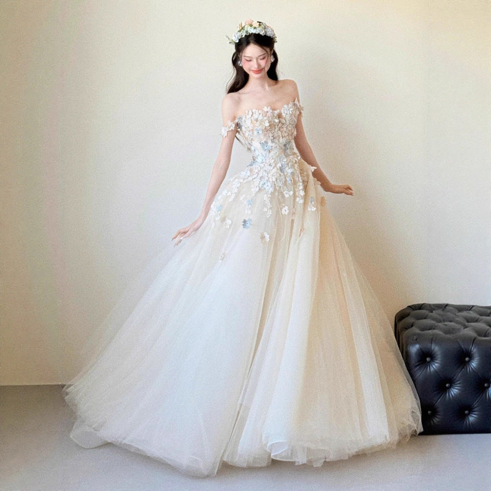 Off Shoulder 3D Floral Tulle Ball Gown Wedding Dress - OWNCI Off Shoulder 3D Floral Tulle Ball Gown Wedding Dress - OWNCI