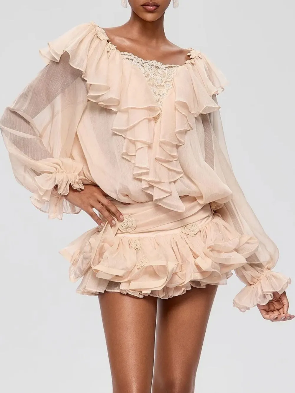 Franka Flare Sleeve Ruffle Lace Mini Dress - OWNCI