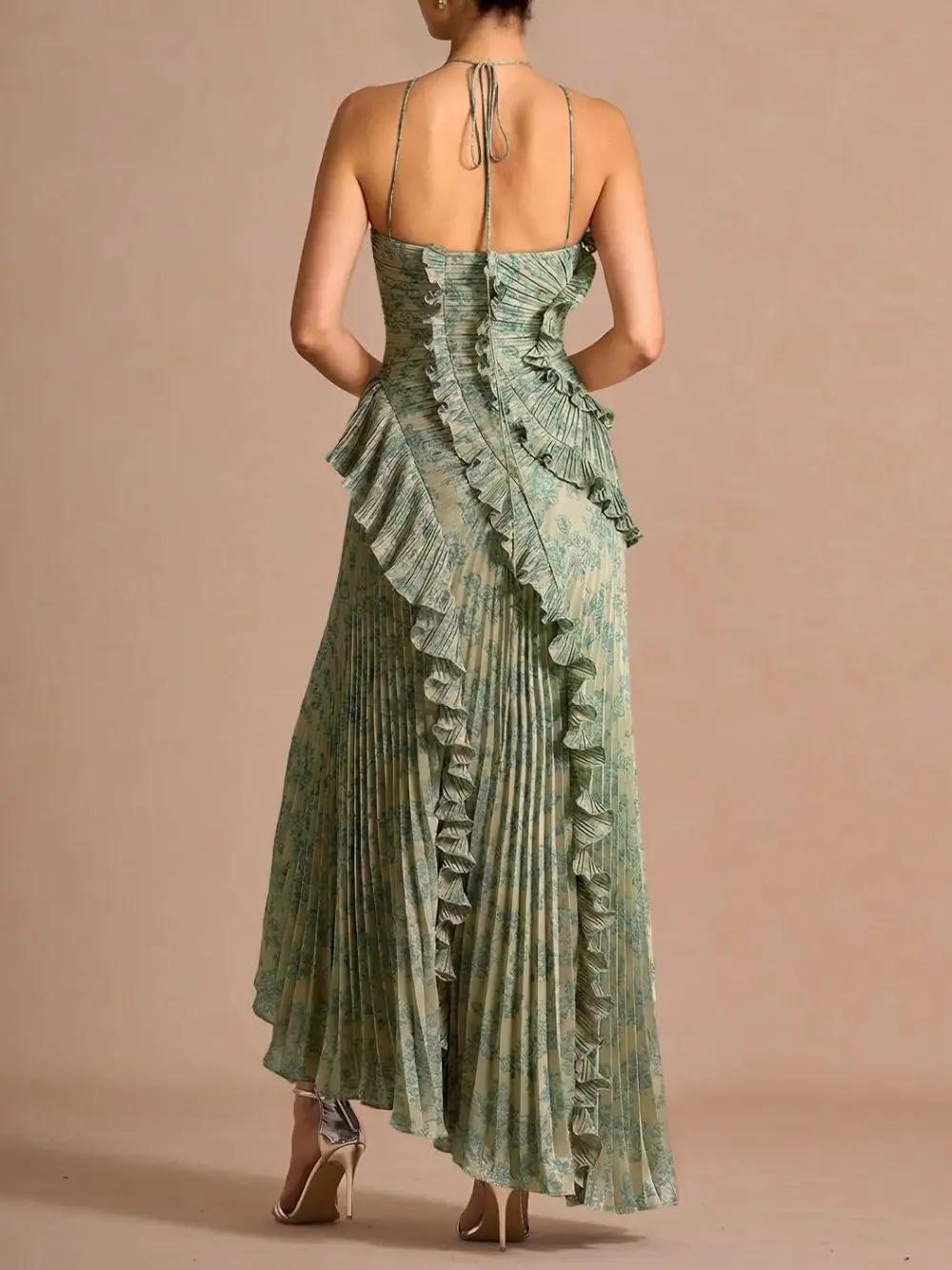 Finneas Platinum Teal Halter Pleated Maxi Dress - OWNCI
