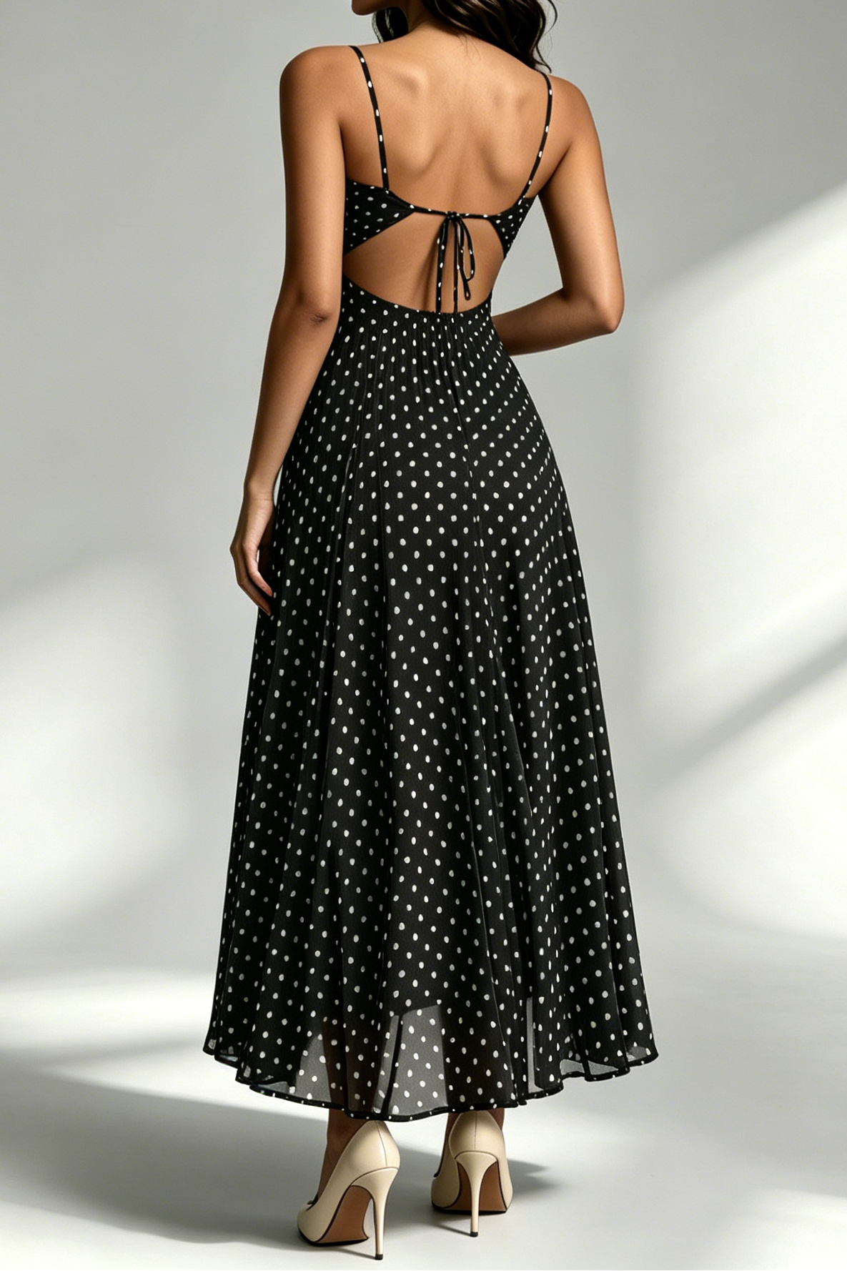 Black White Polka Dot Crisscross Strappy Cutout Pleated Midi Dress - OWNCI Black White Polka Dot Crisscross Strappy Cutout Pleated Midi Dress - OWNCI