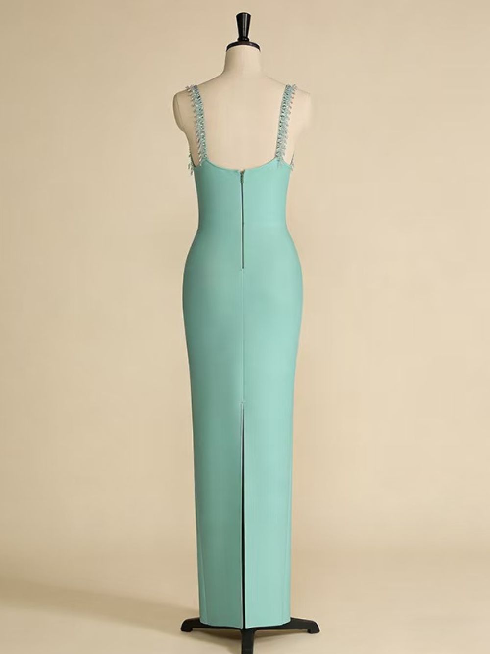 Mint Crystal Beaded Square Neck Cutout Midi Bodycon Dress - OWNCI Mint Crystal Beaded Square Neck Cutout Midi Bodycon Dress - OWNCI