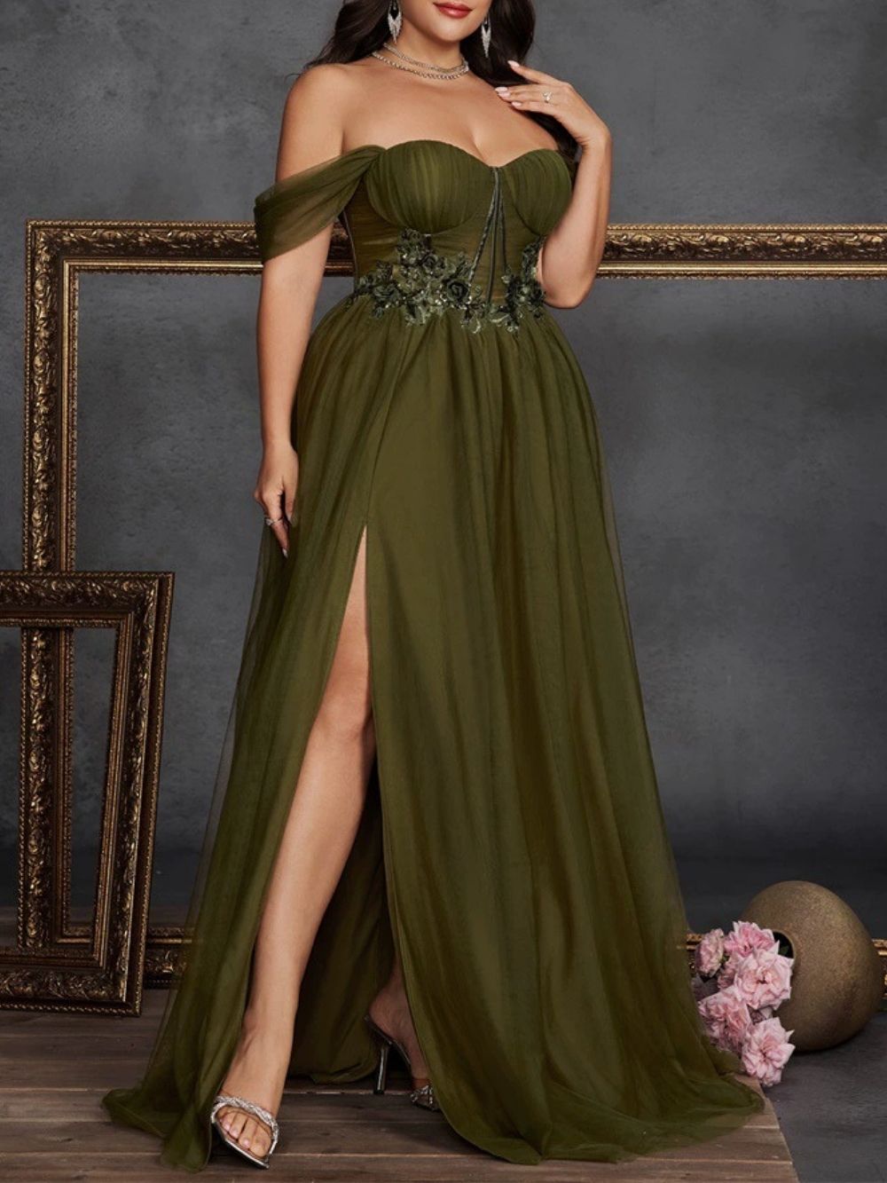 Marella Green Off Shoulder Plus Size Maxi Dress - OWNCI Marella Green Off Shoulder Plus Size Maxi Dress - OWNCI