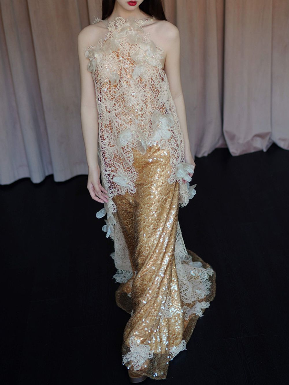 Masen Gold Halter Flower Sequin Maxi Dress - OWNCI Masen Gold Halter Flower Sequin Maxi Dress - OWNCI