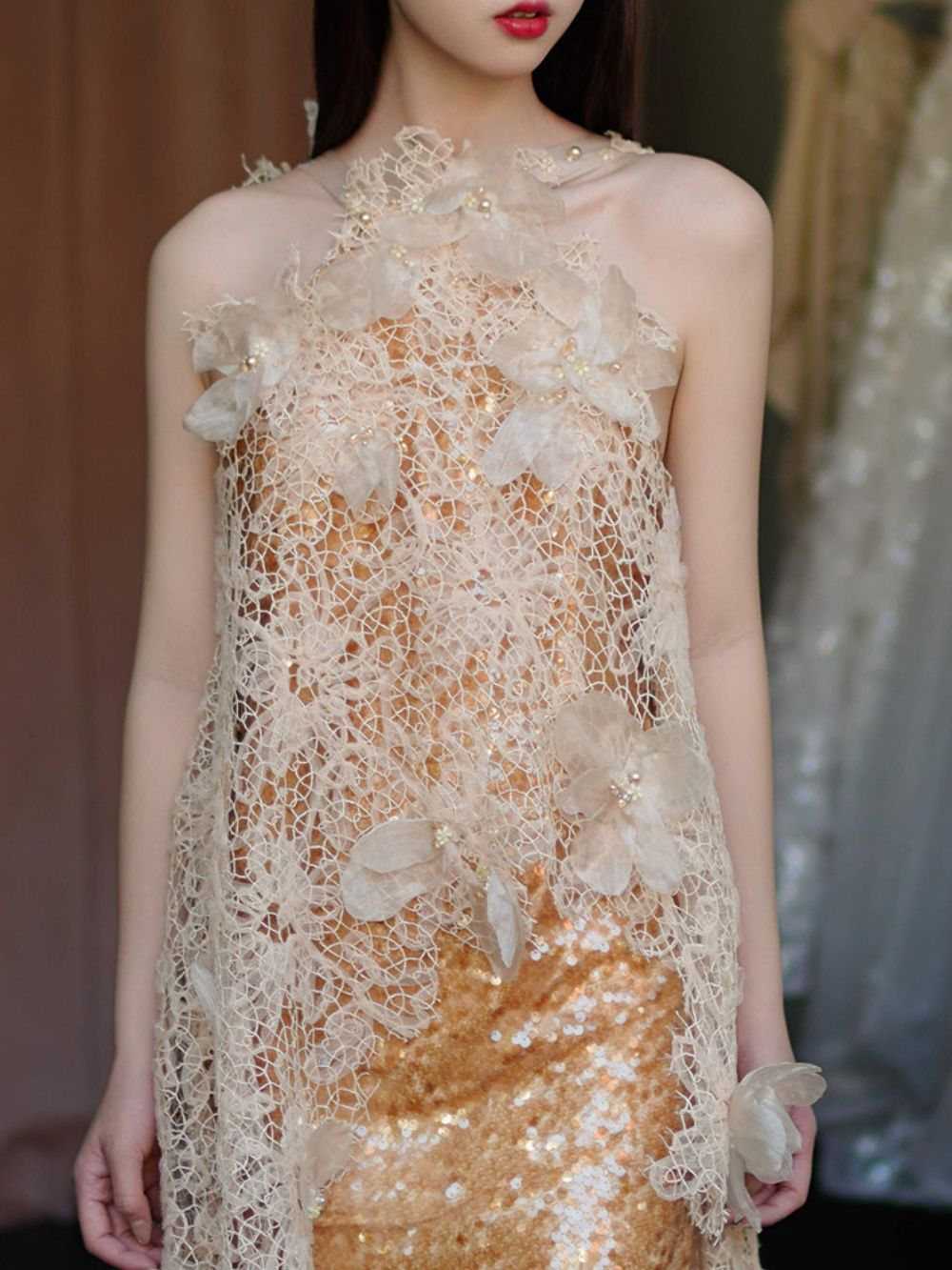 Masen Gold Halter Flower Sequin Maxi Dress - OWNCI Masen Gold Halter Flower Sequin Maxi Dress - OWNCI