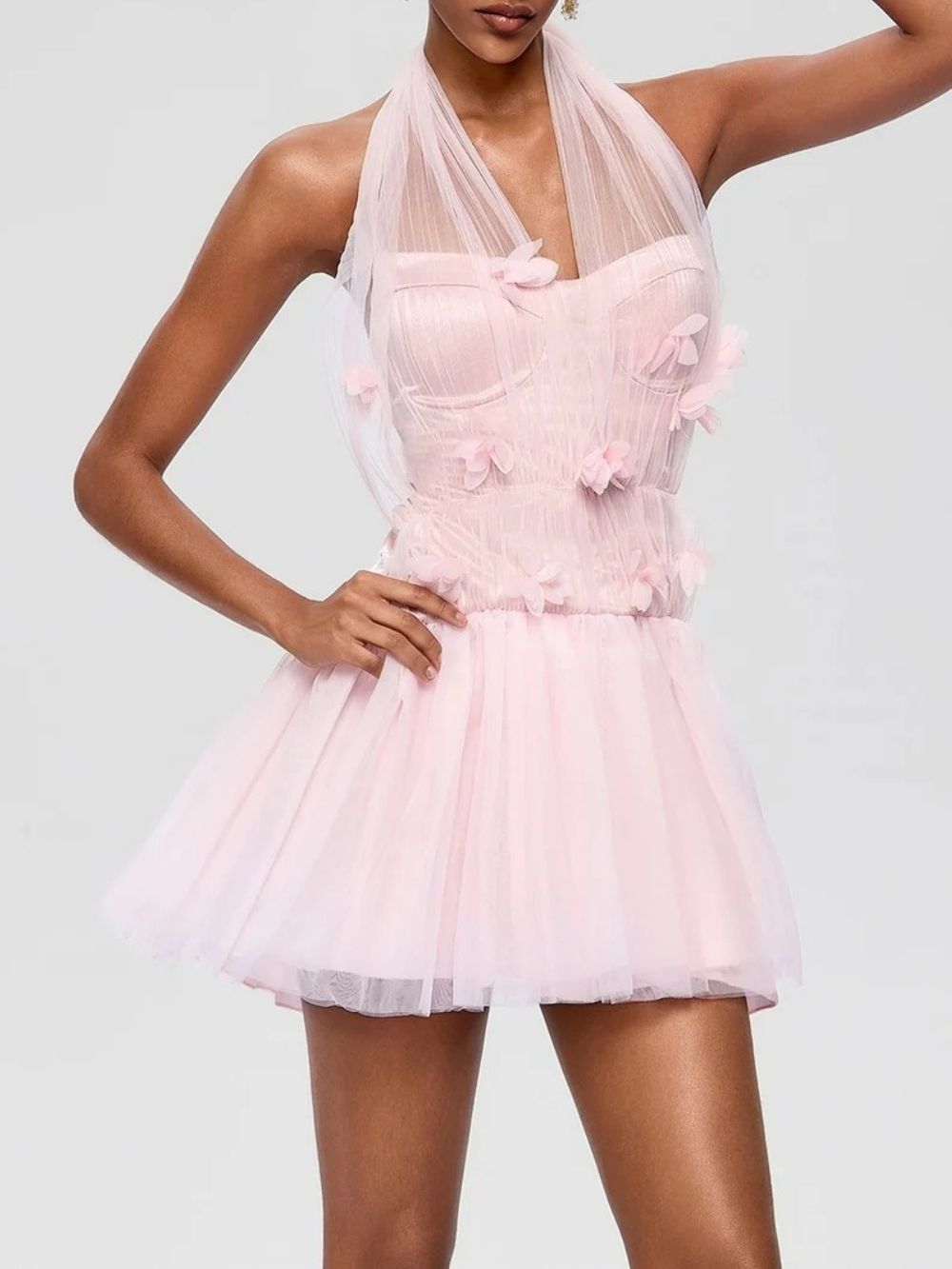 1b1c4dd156aecf4f6c86cca429a4c56d Nuvarek Halterneck Flower Tulle Mini Dress