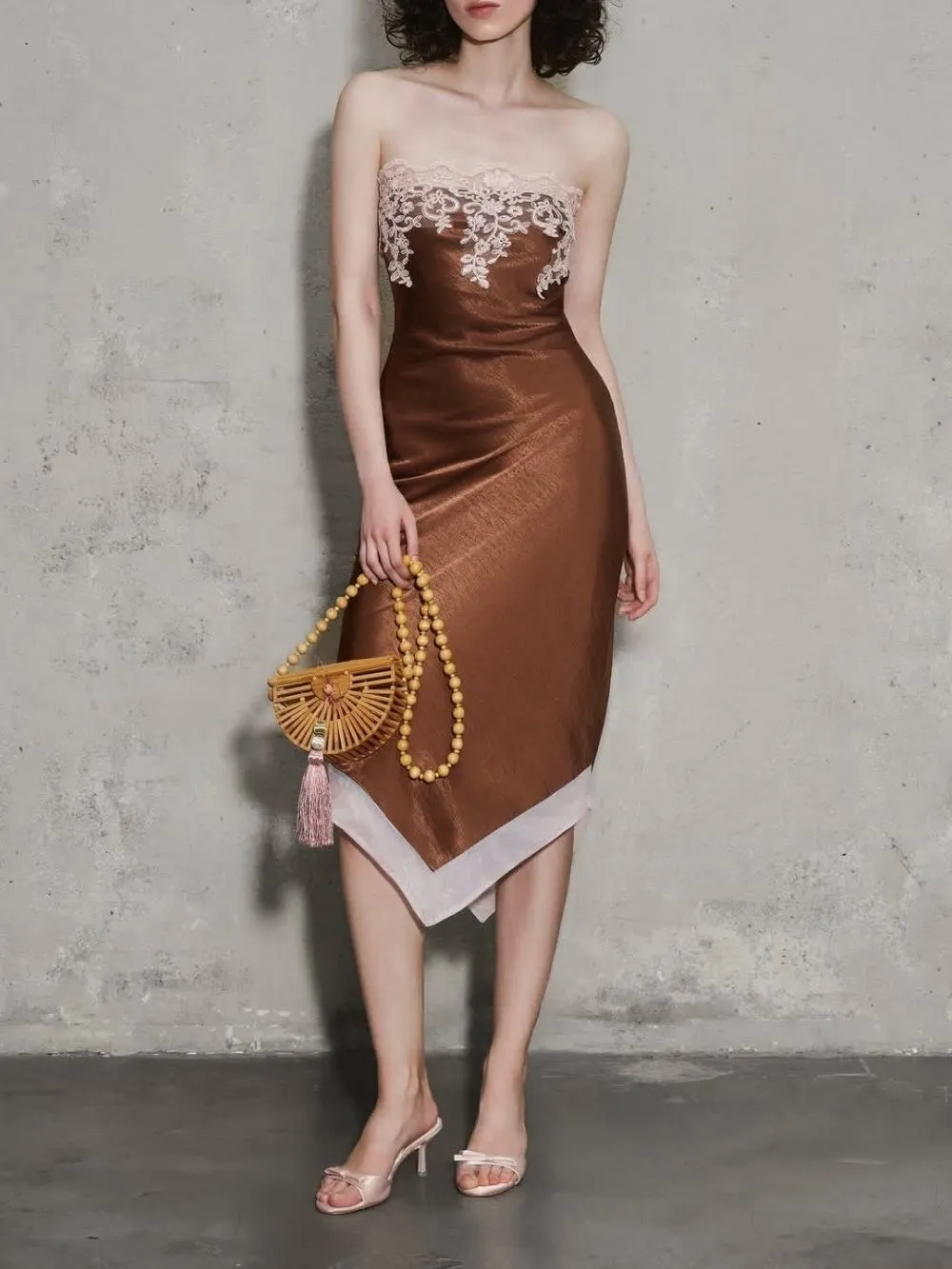 Marnina Strapless Lace Satin Midi Dress - OWNCI