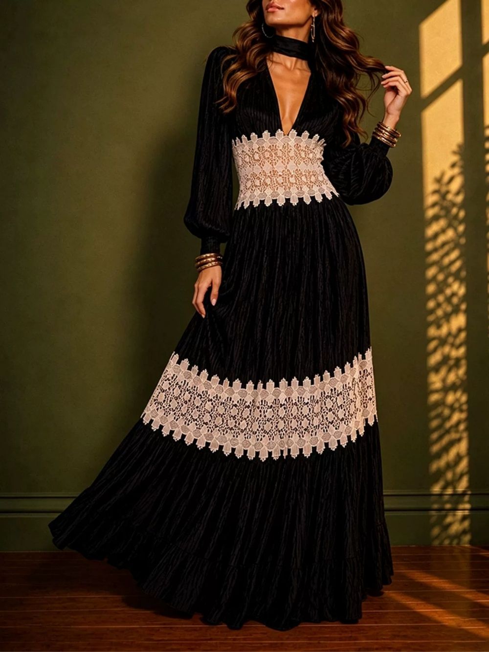 1b48216cedf84294e5c32cb54a1aea24 Mance Black Long Sleeve Lace Maxi Dress