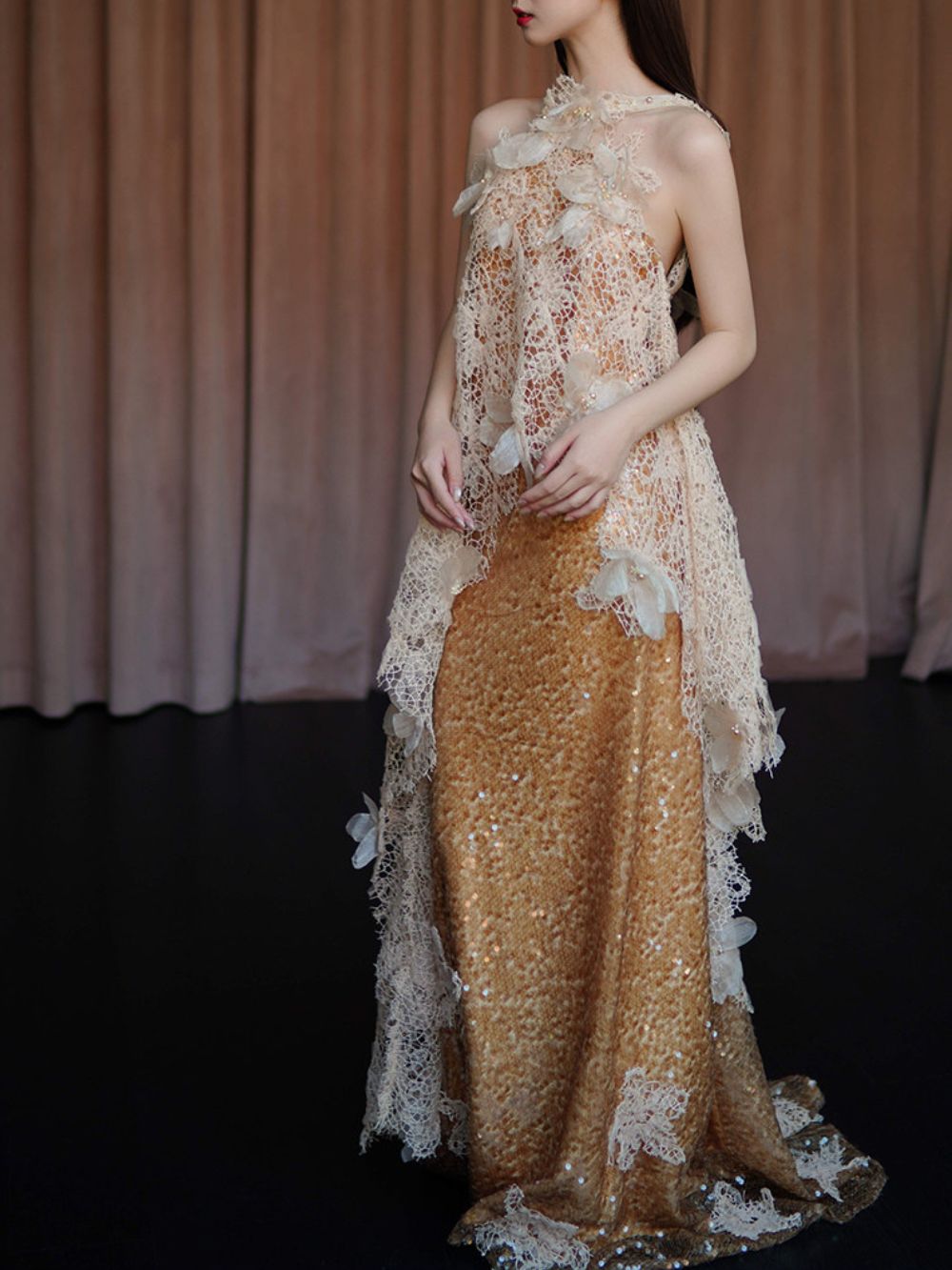 Masen Gold Halter Flower Sequin Maxi Dress - OWNCI Masen Gold Halter Flower Sequin Maxi Dress - OWNCI