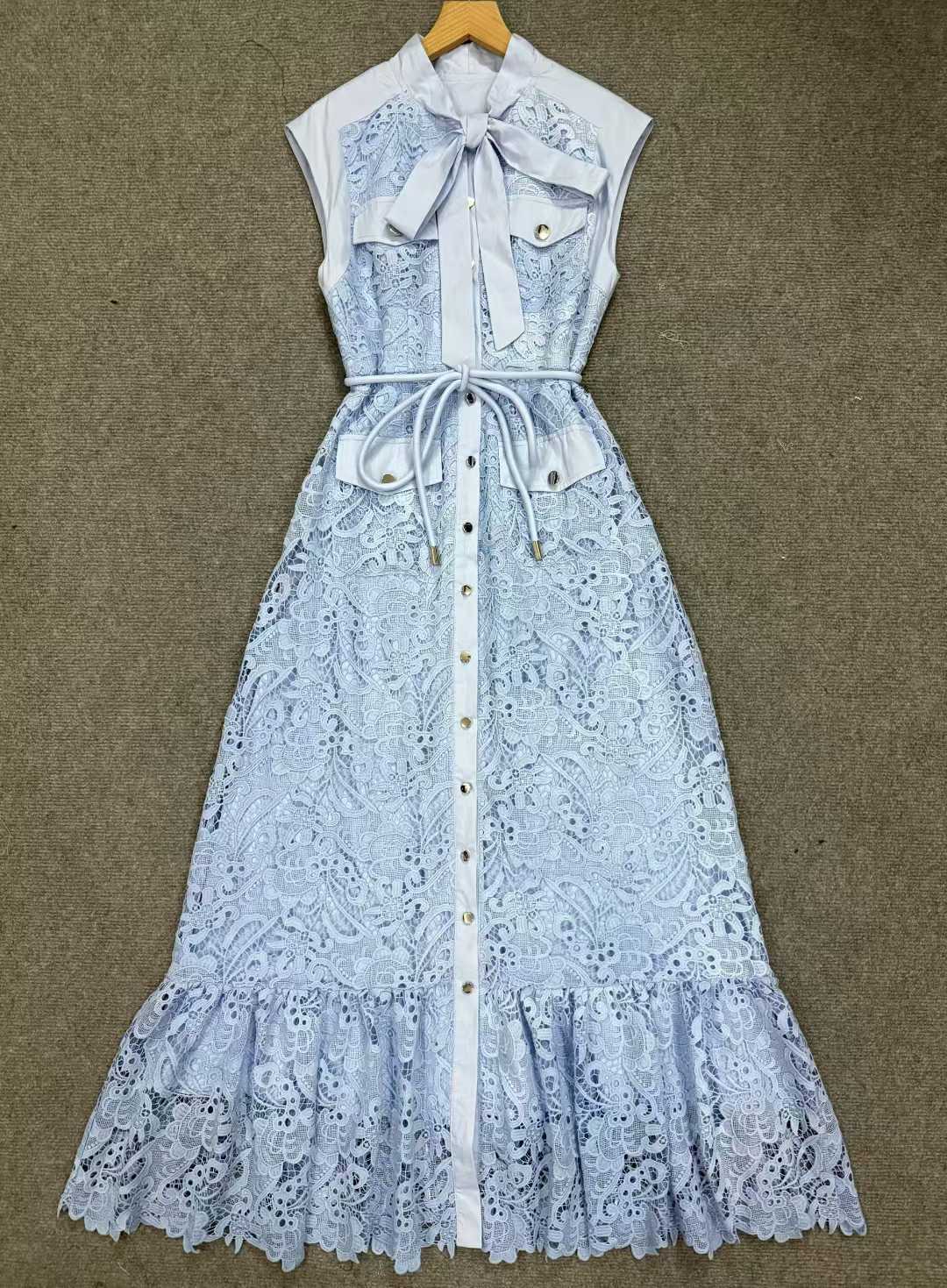 Sky Blue Sleeveless Tie Neck Cargo Pocket Floral Lace Midi Shirt Dress - OWNCI Sky Blue Sleeveless Tie Neck Cargo Pocket Floral Lace Midi Shirt Dress - OWNCI
