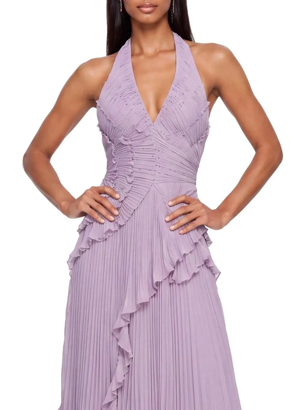 Beldora V Neck Ruffle Pleated Maxi Dress - OWNCI Beldora V Neck Ruffle Pleated Maxi Dress - OWNCI
