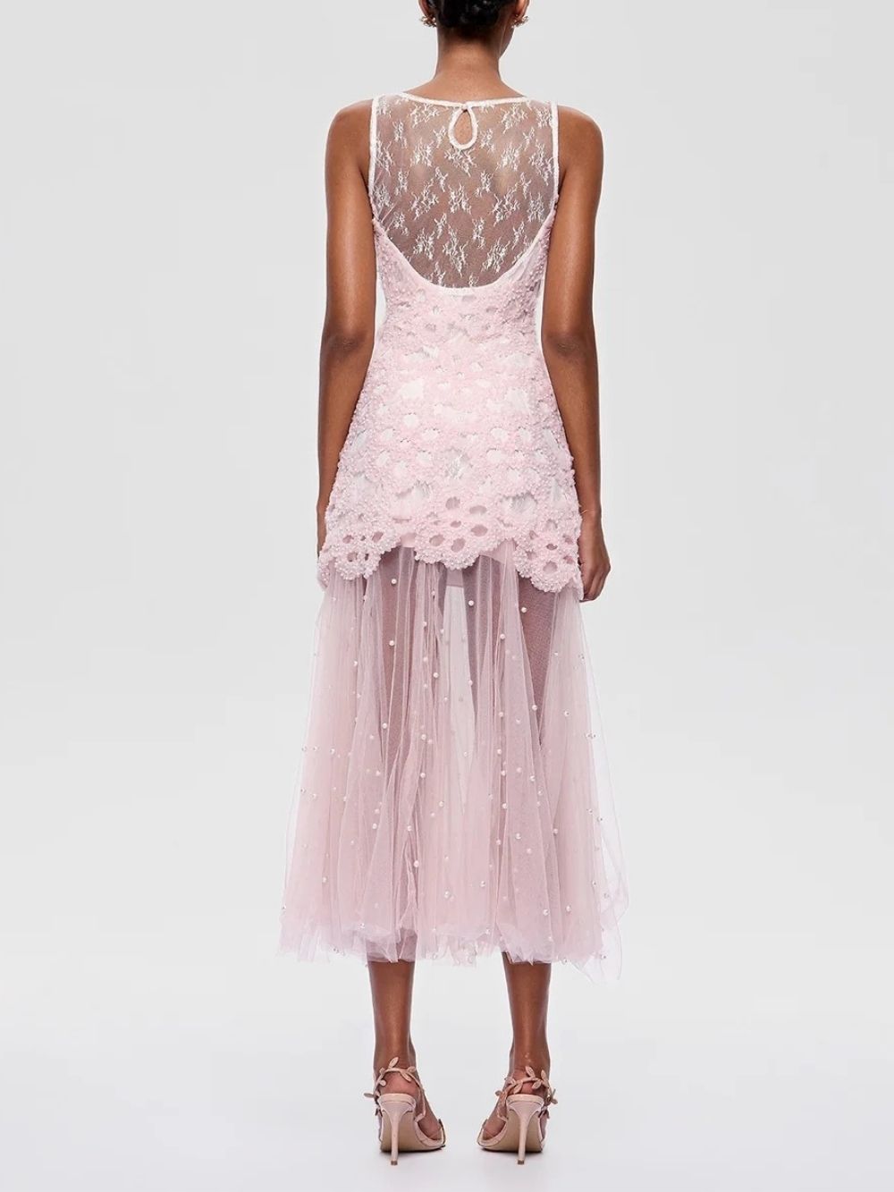 Kryndel Sleeveless Pearl Mesh Midi Dress - OWNCI