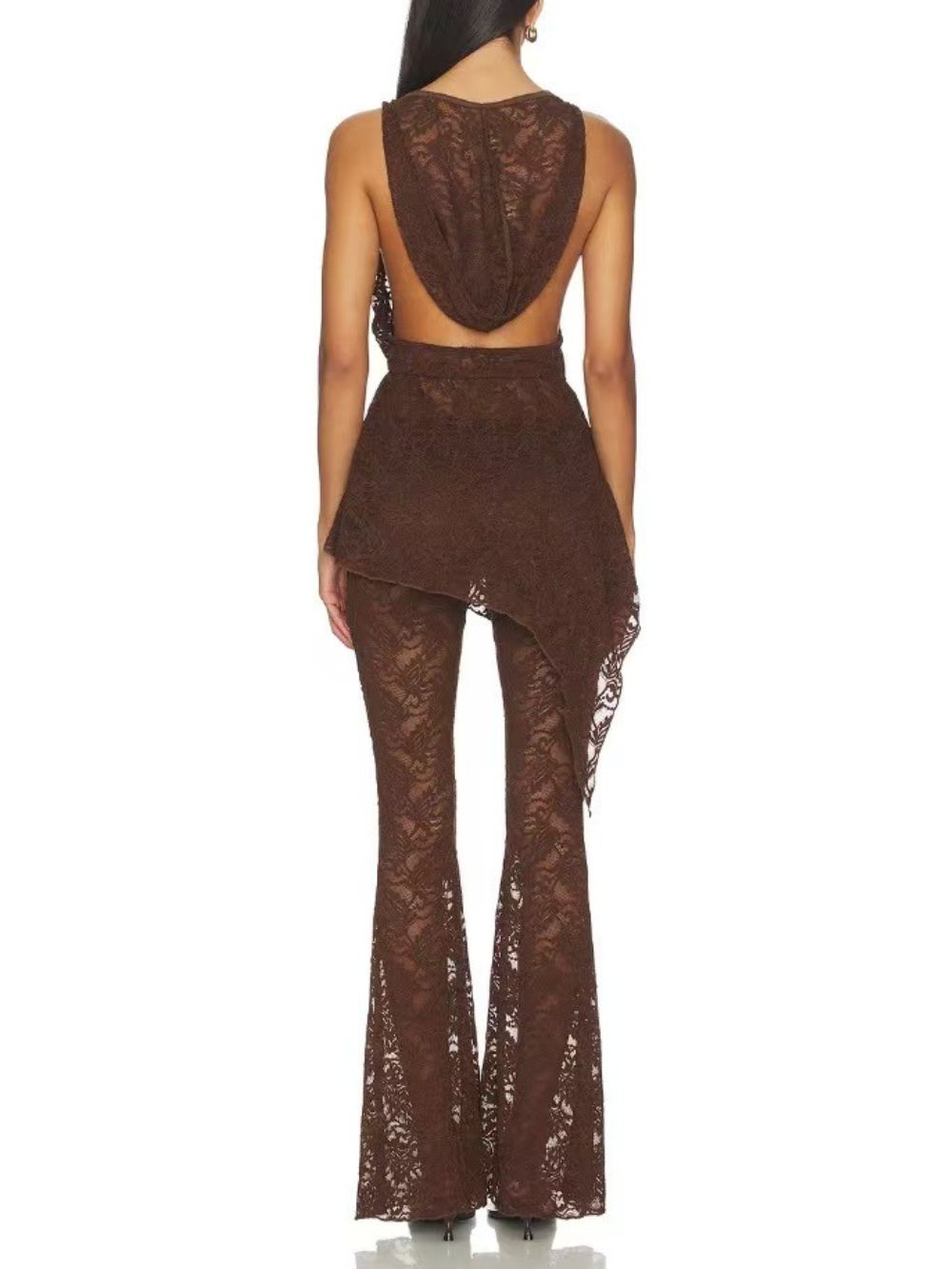 Senora Cowl Neck Lace Flared Pants Set In Coffee - OWNCI