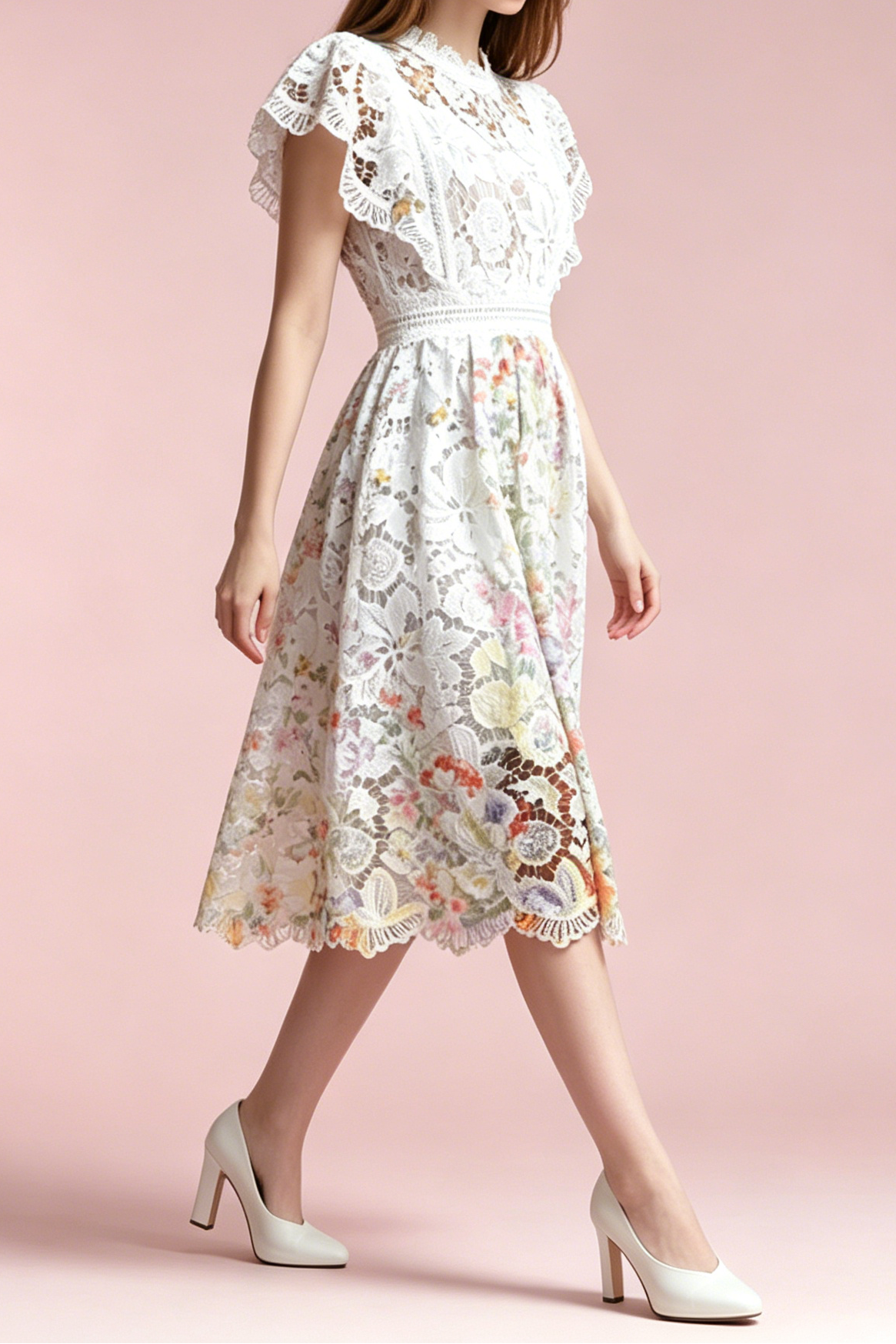 White Hollow Floral Lace Cap Sleeve Colorful Floral Lined A-Line Midi Dress - OWNCI White Hollow Floral Lace Cap Sleeve Colorful Floral Lined A-Line Midi Dress - OWNCI