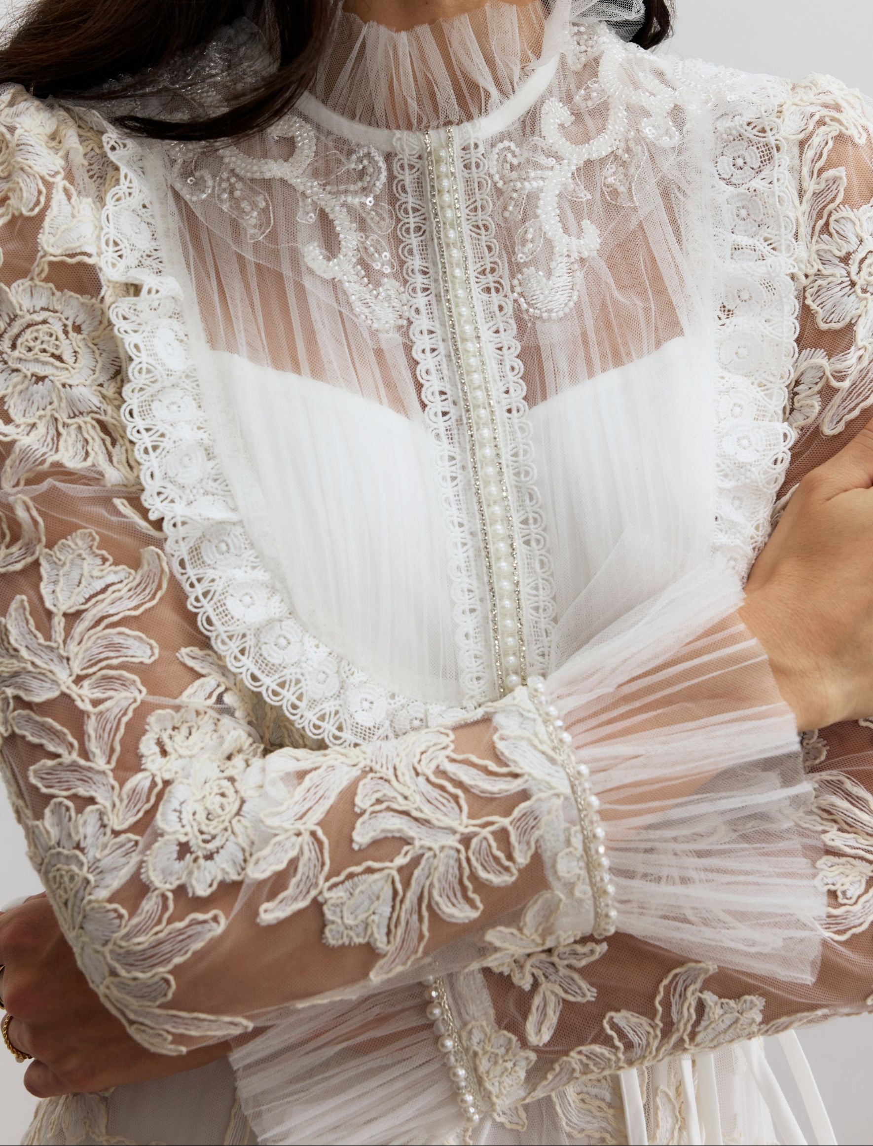 Cream Floral Lace Ruffle High Neck Long Sleeve Belted Maxi Dress - OWNCI