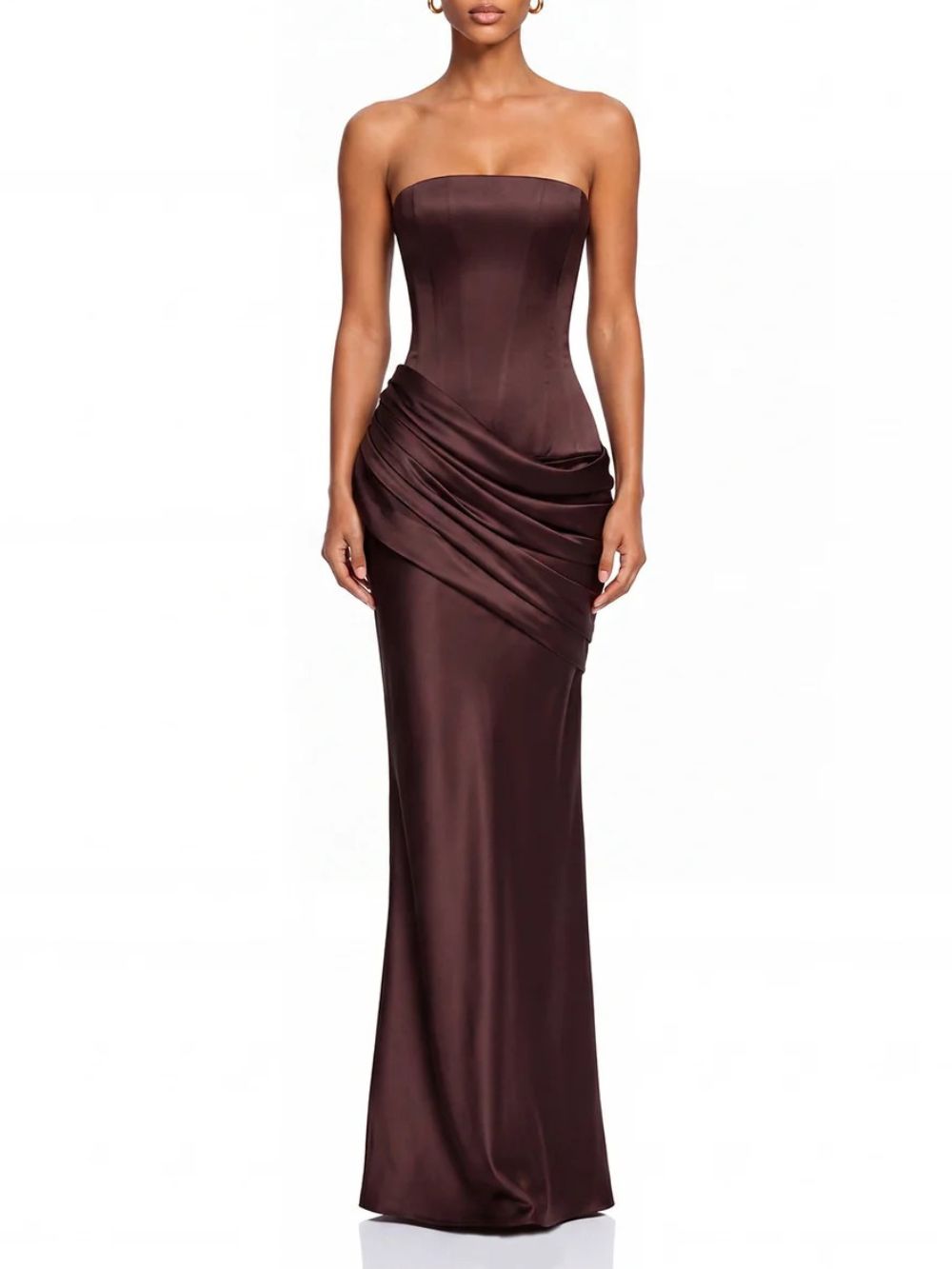 Neravo One Shoulder Satin Ruched Maxi Dress In Brown - OWNCI Neravo One Shoulder Satin Ruched Maxi Dress In Brown - OWNCI