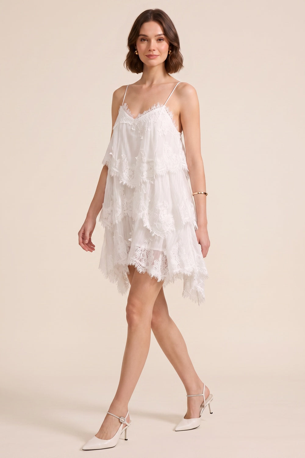 White Spaghetti Strap Multi-Tier Fringe Lace Asymmetric Mini Dress - OWNCI