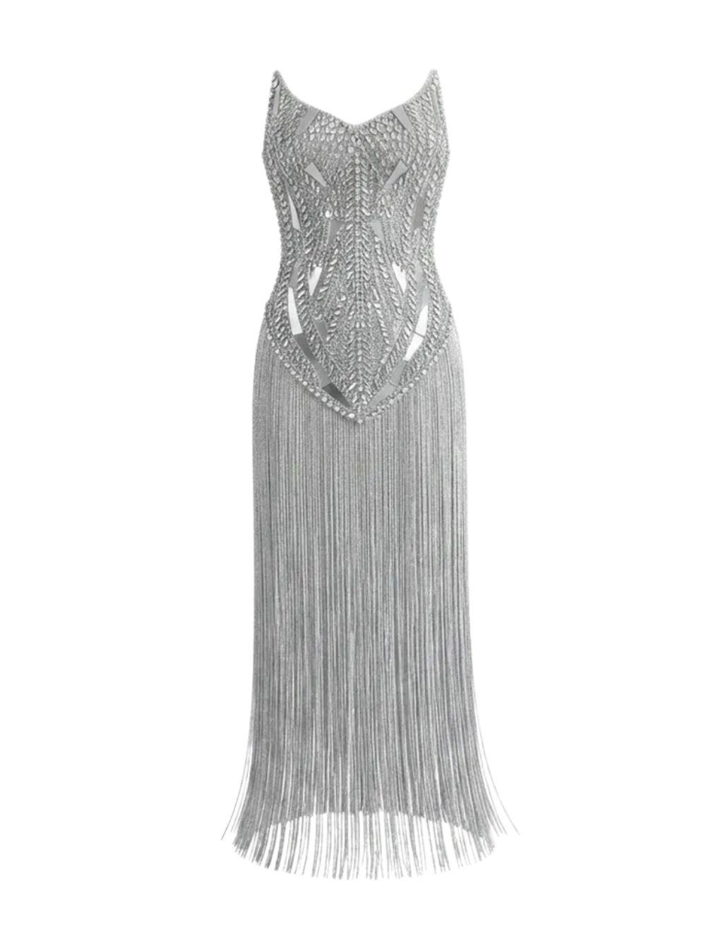 Marlen Strapless Diamante Tassel Maxi Dress - OWNCI
