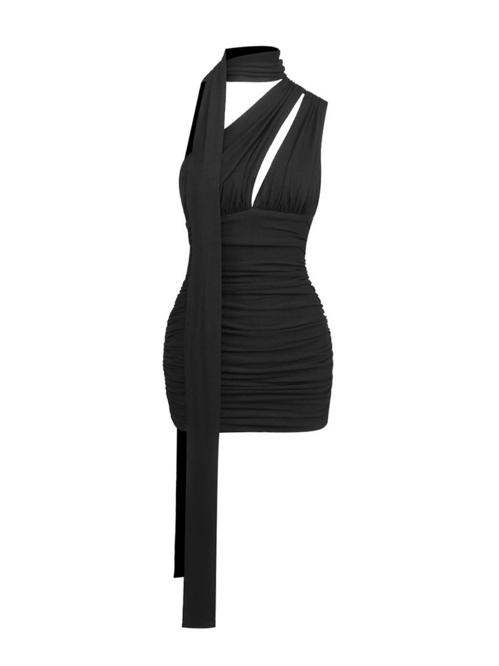 Marnina Black Halter Ruched Bodycon Mini Dress - OWNCI