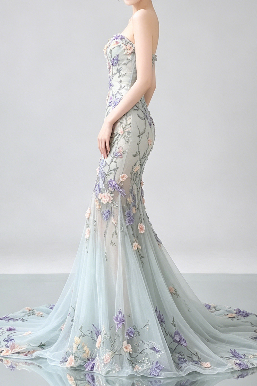 Strapless Pastel 3D Floral Tulle Mermaid Gown With Train - OWNCI
