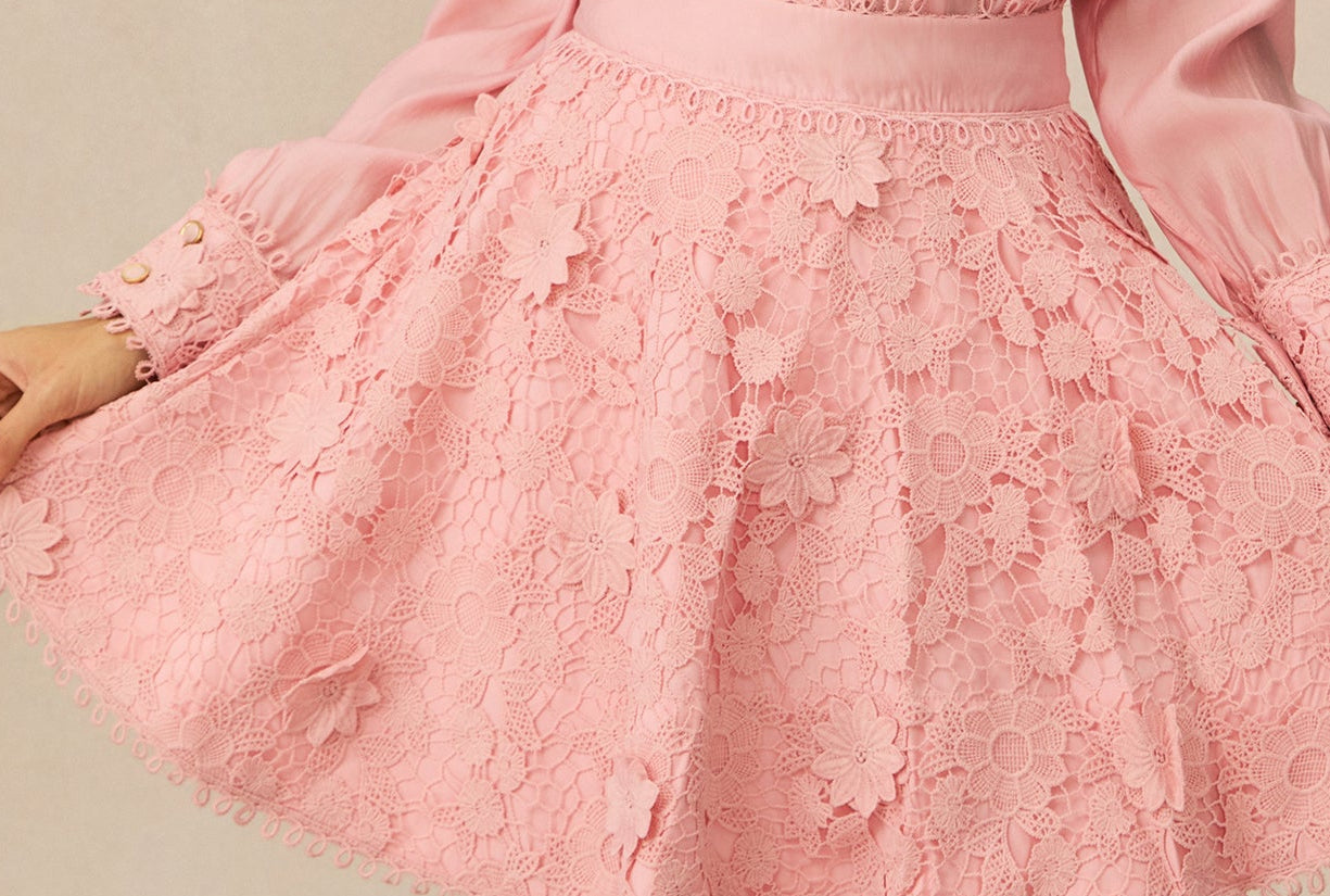 Pink Lace Trim Shirt & 3D Floral Lace Mini Skirt Two-Piece Set - OWNCI Pink Lace Trim Shirt & 3D Floral Lace Mini Skirt Two-Piece Set - OWNCI