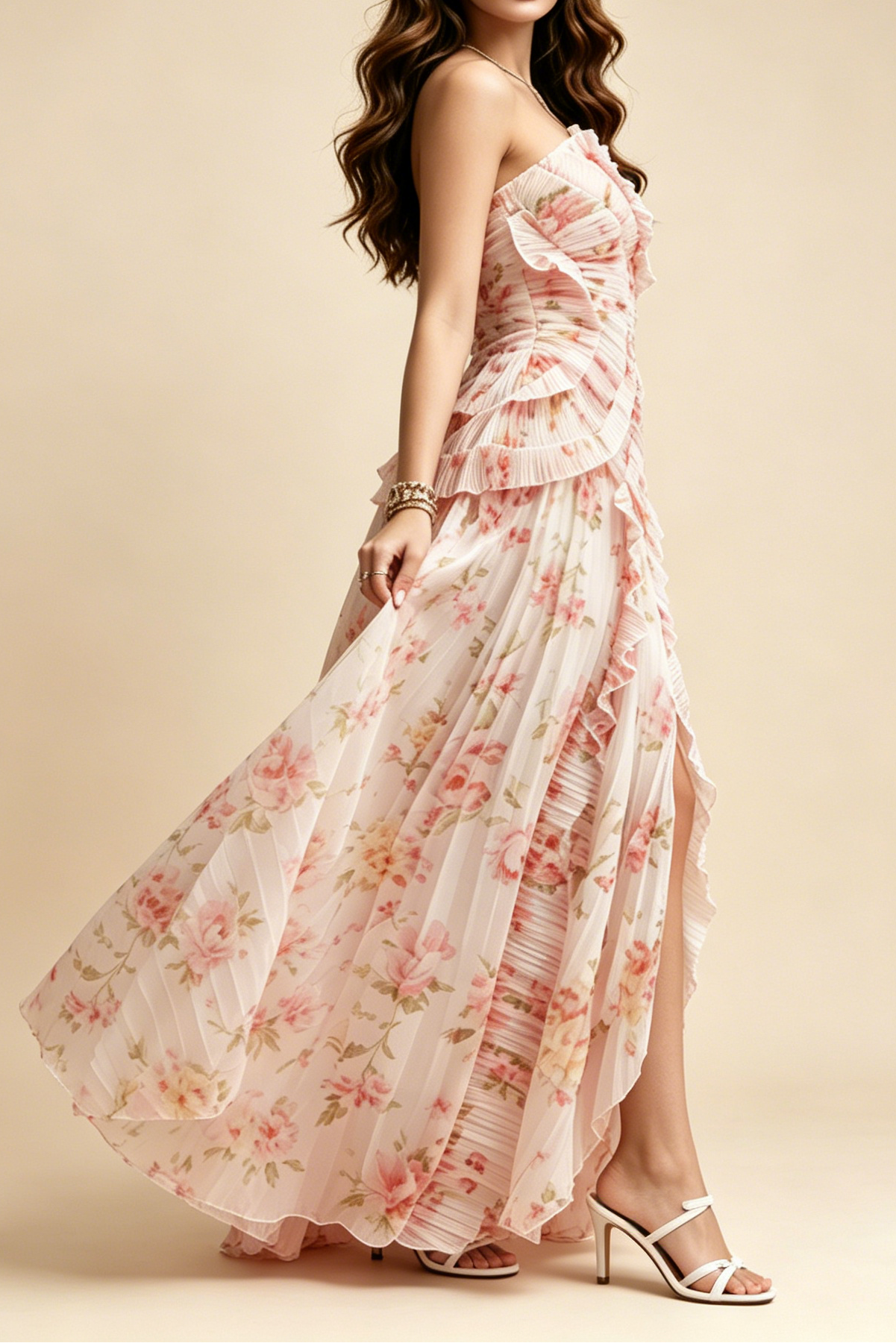 Pastel Pink Floral Pleated Halter Ruffle High Slit Maxi Dress - OWNCI