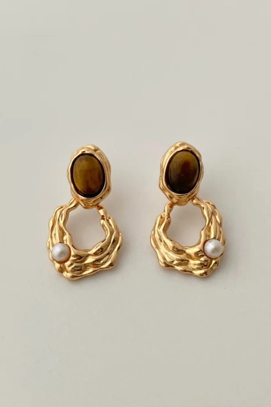 Tiger Eye Stone Pearl Irregular Wavy Hollow Gold Drop Earrings - OWNCI Tiger Eye Stone Pearl Irregular Wavy Hollow Gold Drop Earrings - OWNCI